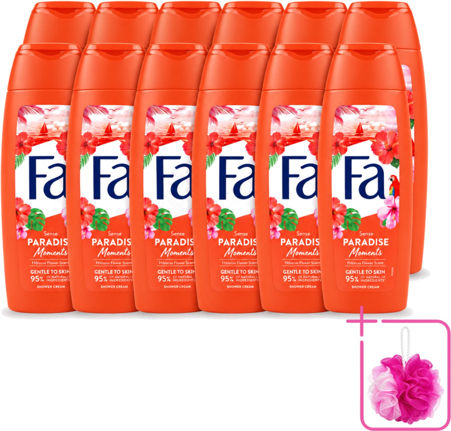 12 x Fa - Paradise Moments - Douchecrème - Hibiscusbloem - 250 ml - Bulkverpakking - Douchecrème hibiscusbloem - Douchemop - Vegan douchecrème