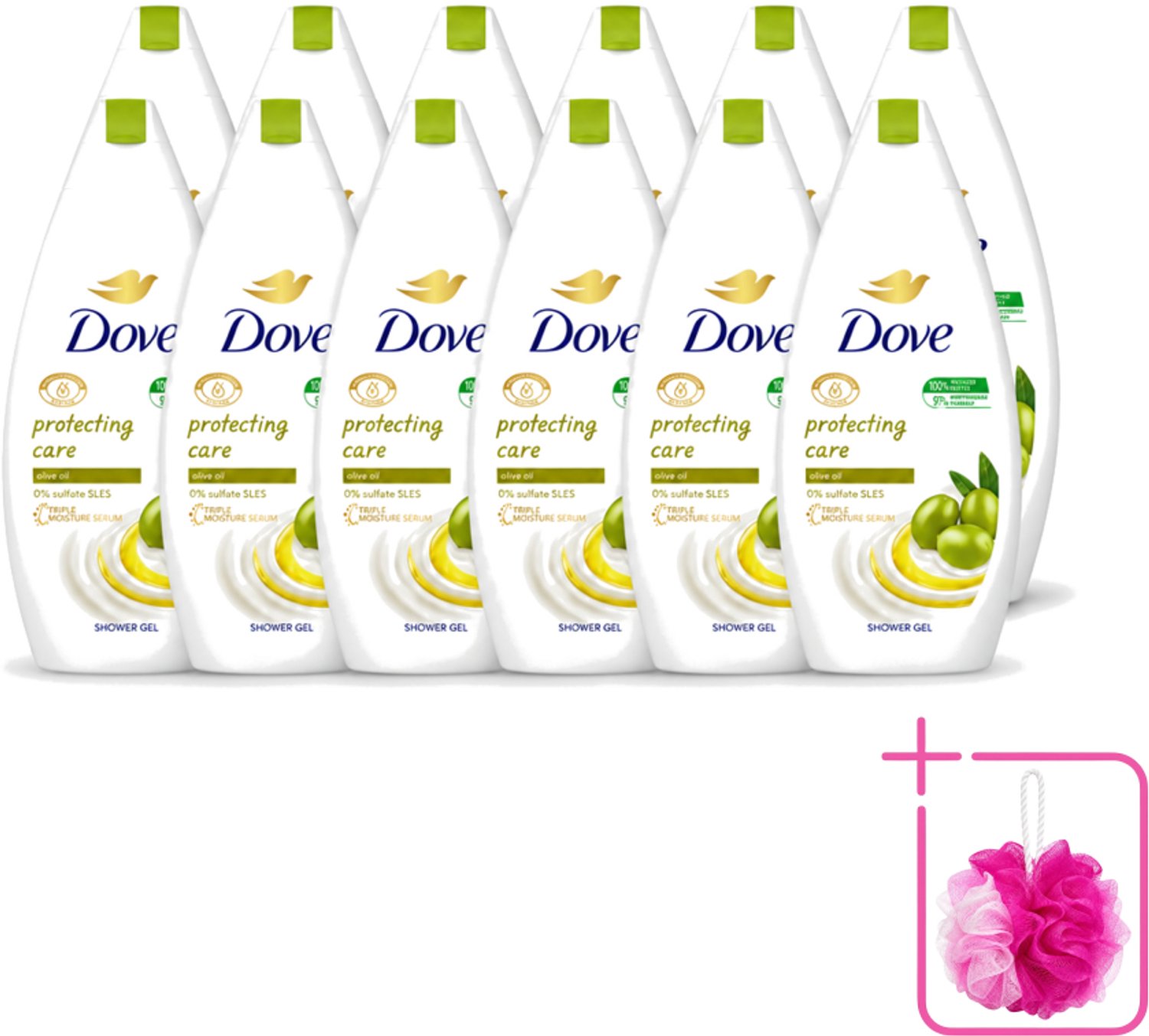 12 x Dove Protecting Care - Douchegel - Olijfolie - Sulfaatvrij - 450 ml - Bulkverpakking - Douchegel - Douchemop - Olijfolie