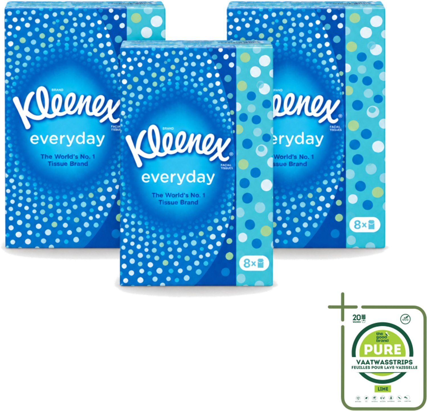 3 x Kleenex - Zakdoekjes - Everyday - 8 Pakjes Zakdoekjes - Grootverpakking - Vaatwasstrips - Zakdoekjes - Schoonmaak - Reinigen - Vlekken - Dagelijks Gebruik