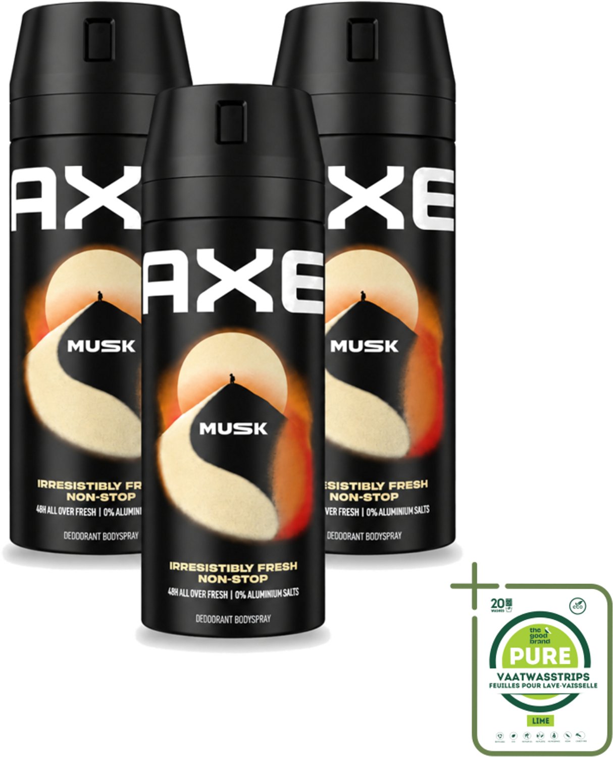 3 x Axe - Deodorant Bodyspray - 48hrs Fresh - Musk - Patchouli & Fougere - 150 ml - Grootverpakking - Vaatwasstrips - 48 Uur Geurbescherming - Deodorant Sprayer - Zinktechnologie - Geur Van Musk - Geur Van Patchouli