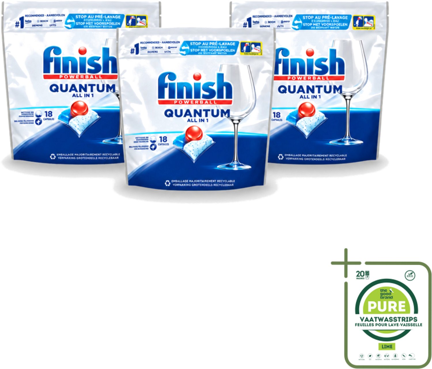3 x Finish Powerball - Quantum All in 1 - Vaatwastabletten - Stralende Glans - 18 Tabletten - Grootverpakking - Vaatwasstrips - Vaatwasmiddel - Vaatwastablet - Vaatwasmiddel Voor Glaswerk - Vaatwasmiddel Met Glans - Vaatwasmiddel Zonder Voorwas