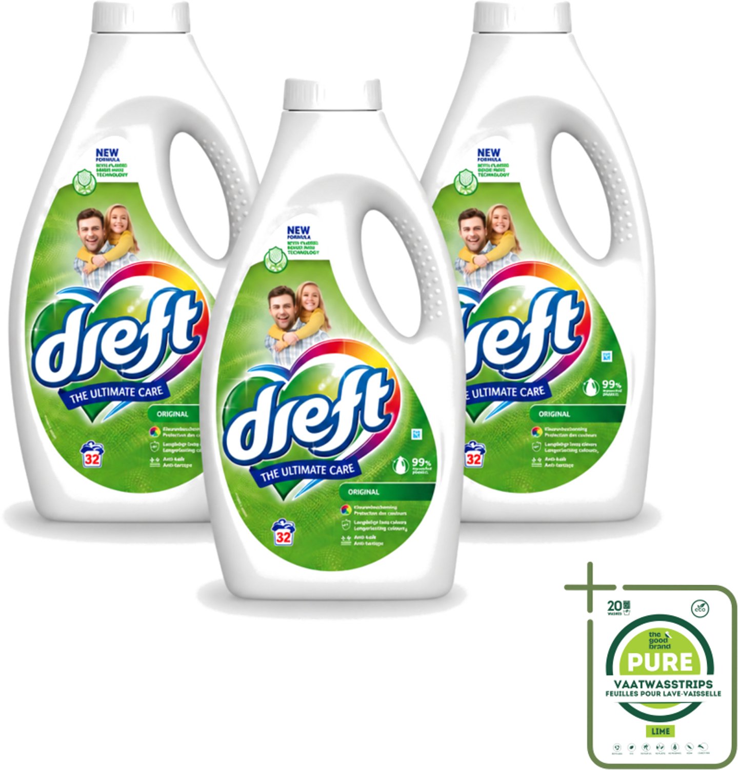 3 x Dreft - Ultimate Care - Vloeibaar Wasmiddel - Gekleurde Was - Original - 32 Wasbeurten - Grootverpakking - Vaatwasstrips - Kleurbeveiliging - Vloeibaar Wasmiddel - Gekleurde Was - Frisse Geur - Wasmiddel Origineel