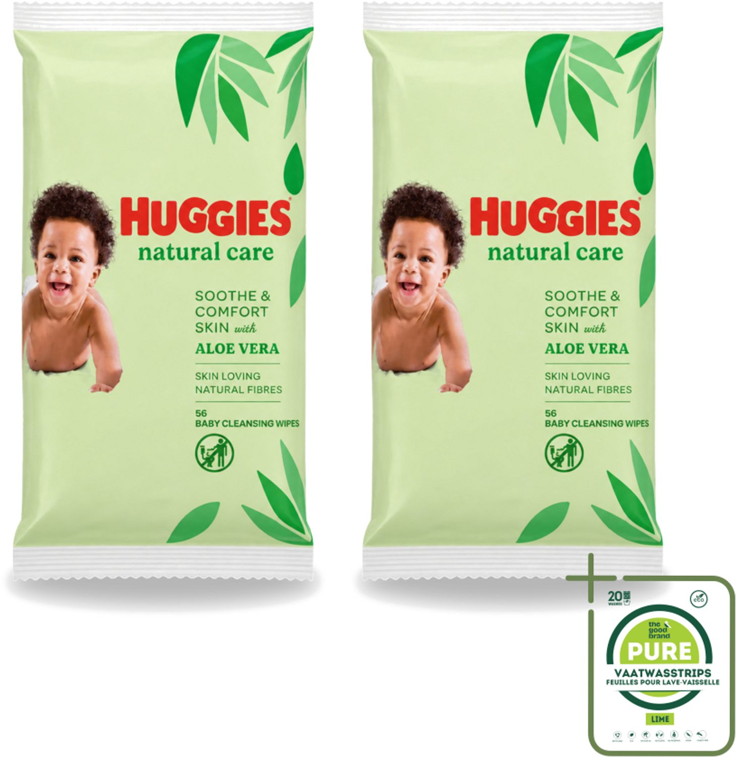2 x Huggies - Billendoekjes - Huidvriendelijk - Met Aloë Vera - 56 Babydoekjes - Grootverpakking - Vaatwasstrips - Billendoekjes Voor Baby - Zachte Reiniging - Hypoallergeen - Aloë Vera - Vitamine E