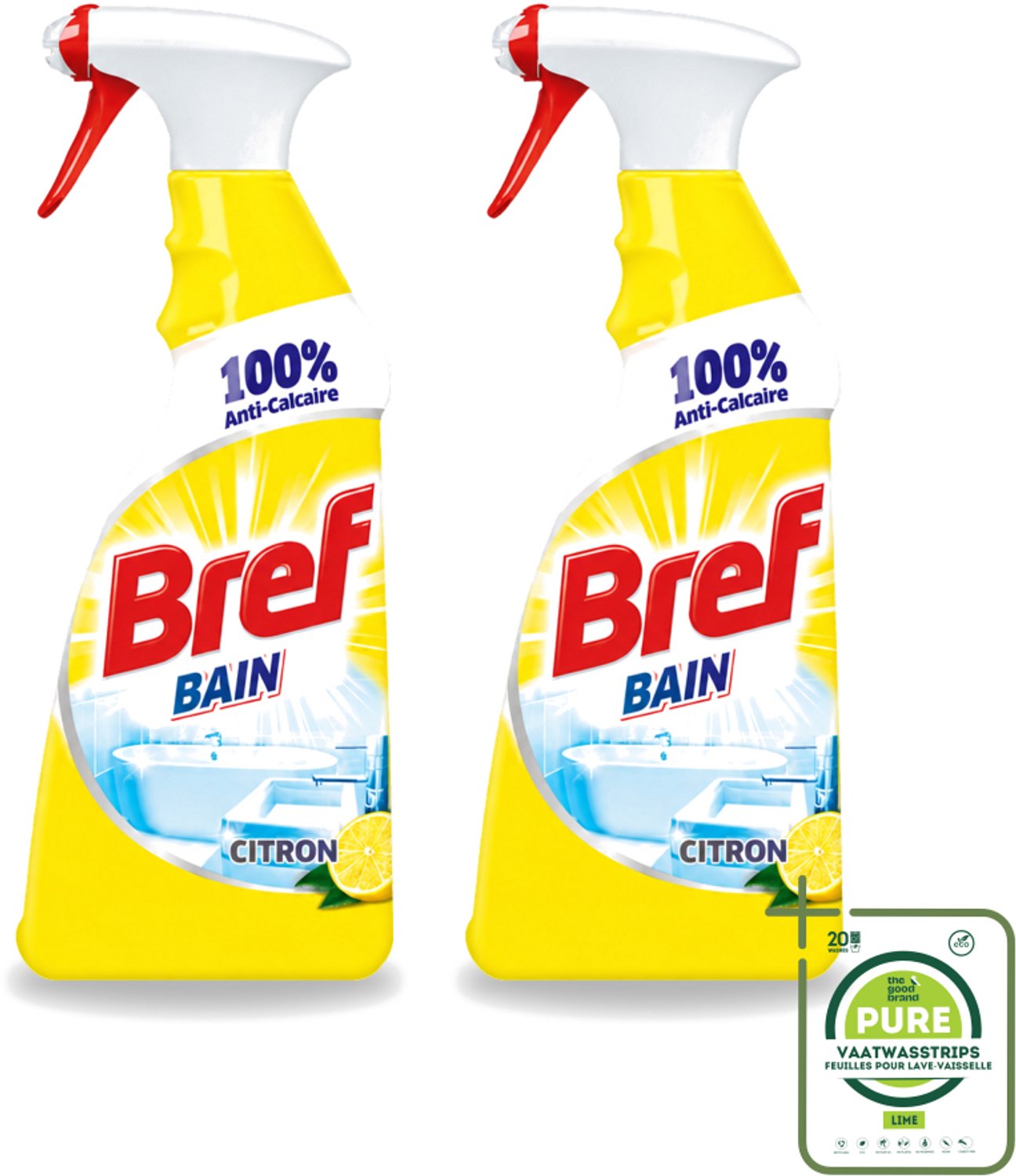2 x Bref - Badkamerreiniger - Spray - Anti-Kalk - Citroen - 750 ml - Grootverpakking - Vaatwasstrips - Badkamer Reiniger - Kalkbestrijder - Zeep En Vuil Verwijderen - Citroenspray - Badkamer Reinigen