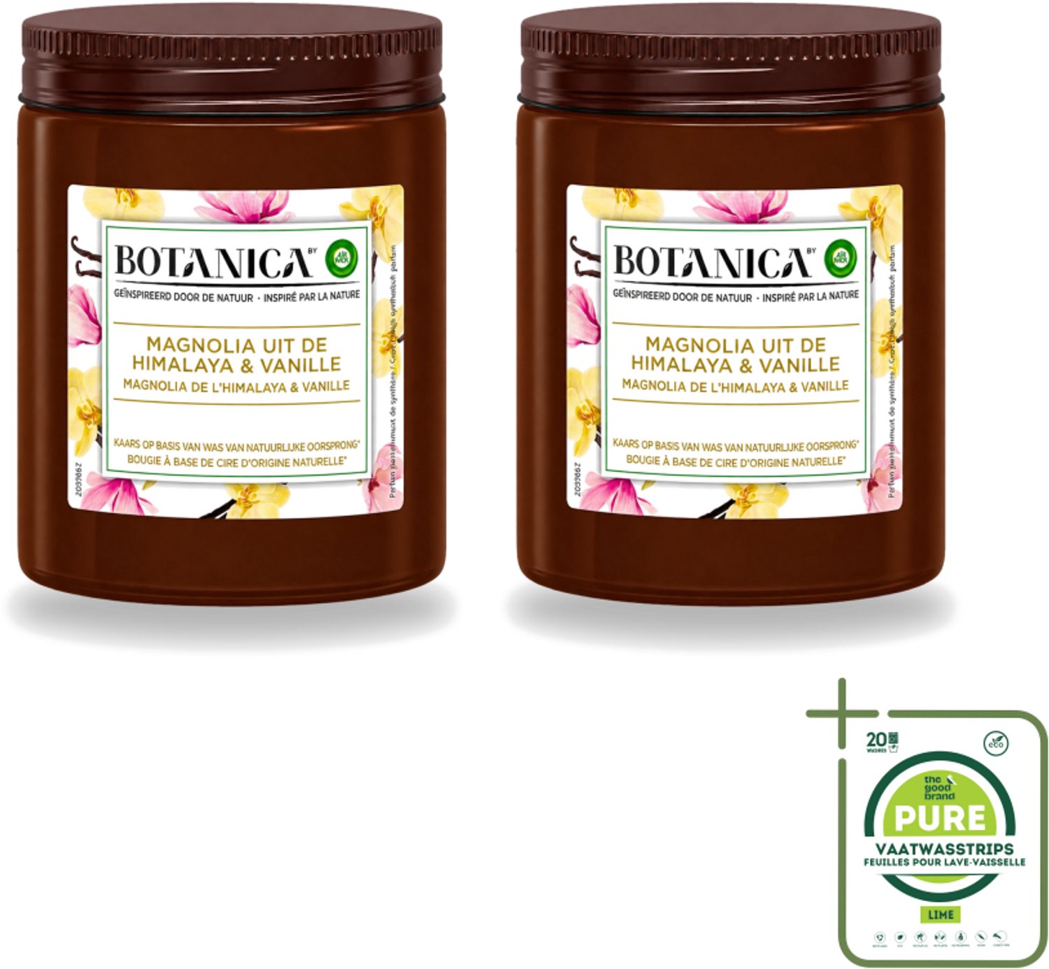 Air Wick 2 x Botanica by Air Wick - Geurkaars - Vanille & Magnolia - 40 Uur Brandduur - Grootverpakking - Vaatwasstrips - Geurkaars - Vanille En Magnolia - Natuurlijke Geur - Luxe Geur - Ontspanning Bruin