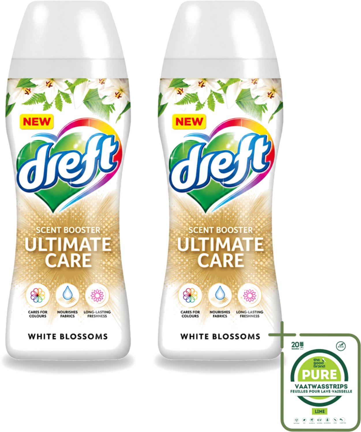 2 x Dreft - Ultimate Care - Wasverzachter - Geurbooster - Gekleurde Was - Witte Bloem - 15 Wasbeurten - Grootverpakking - Vaatwasstrips - Wasmiddel - Geurbooster - Kleurbescherming - Wasverzachter - Vezelverzorging