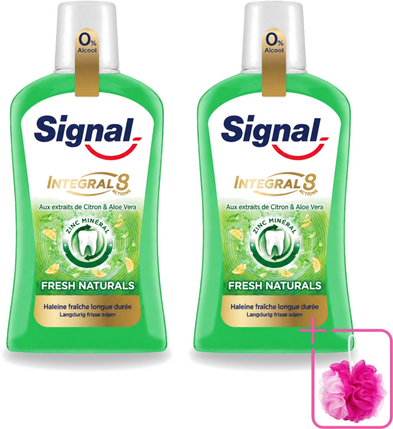 2 x Signal - Integral & Actions - Mondwater - 0 % Alcohol - Fris Natuurlijk - Citroen & Aloë Vera - 500 ml - Bulkverpakking - Mondwater - Douchemop - Mondverzorging