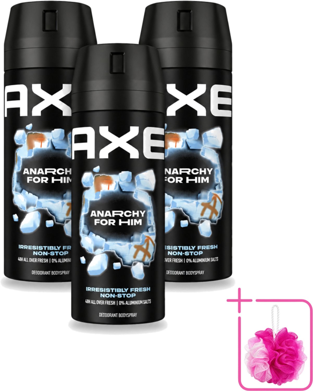 3 x Axe - Deodorant Bodyspray - 48hrs Fresh - Anarchy for Him - Dark Pomegranate & Sandalwood - 150 ml - Bulkverpakking - 48 uur frisheid - Douchemop - Deodorant bodyspray