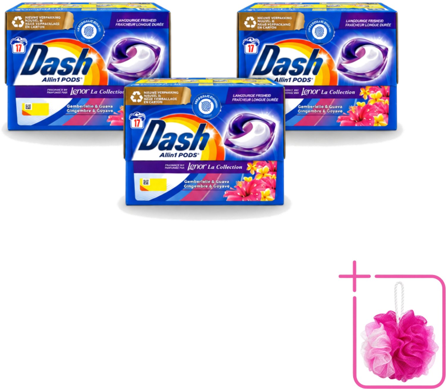 3 x Dash - Lenor Collectie - Wasmiddel Capsules - All-in-1 Pods - Witte en Gekleurde Was - Gemberlelie & Guava - 17 Wasbeurten - Bulkverpakking - Wasmiddel capsules - Douchemop - Wasmiddel pod