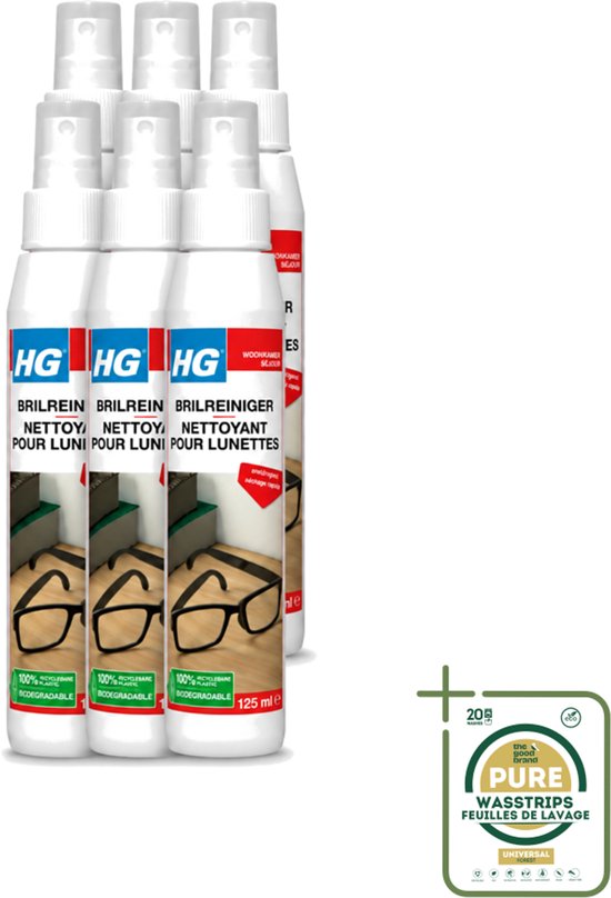 Zes flessen HG brillenreiniger, 125 ml per stuk. Met aan de voorkant een afbeelding van een bril.