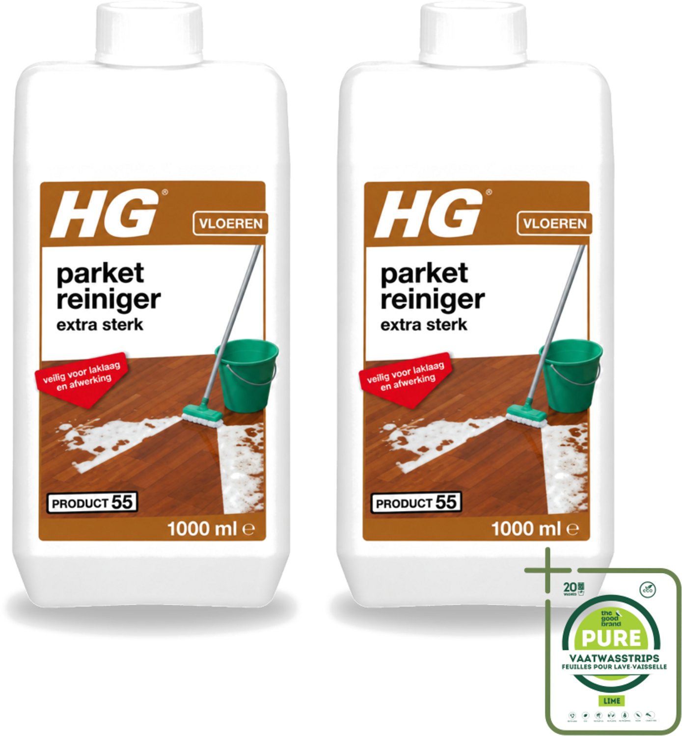 2 x HG - Parketreiniger - Extra Sterk - Veilig Voor Laklaag - 1L - Grootverpakking - Vaatwasstrips - Parket Reinigen - Laklaag Reinigen - Hardnekkig Vuil Verwijderen - Parketvet Verwijderen - Parket Reiniger