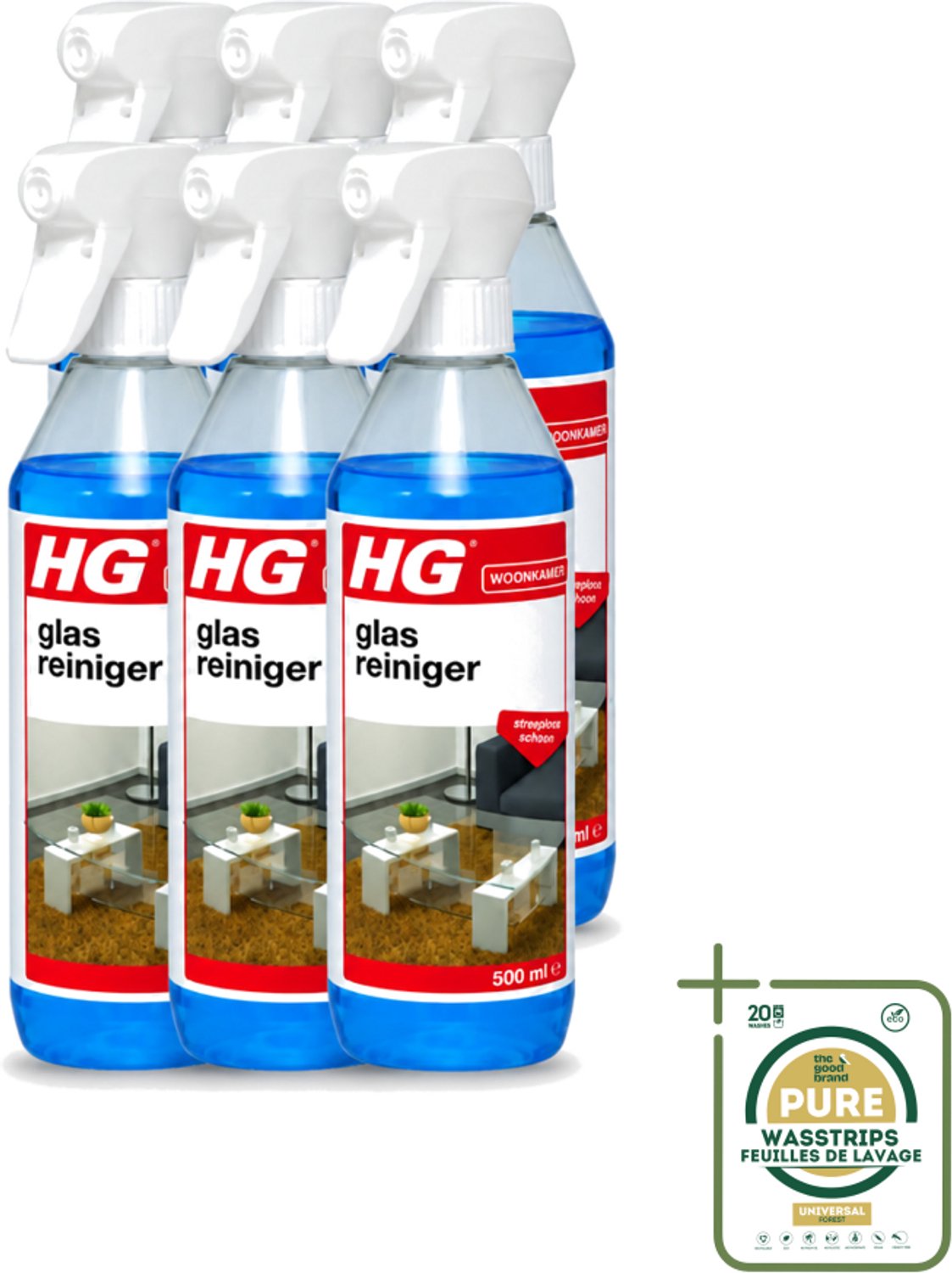 6 x HG - Glasreiniger Spray - Streeploos Schoon - Ontvet & Droogt Snel - 500 ml - Wasstrips - Glas Reinigen - Streeploos Schoonmaken - Glazen Reiniger - Spiegel Reinigen - Vet Verwijderen