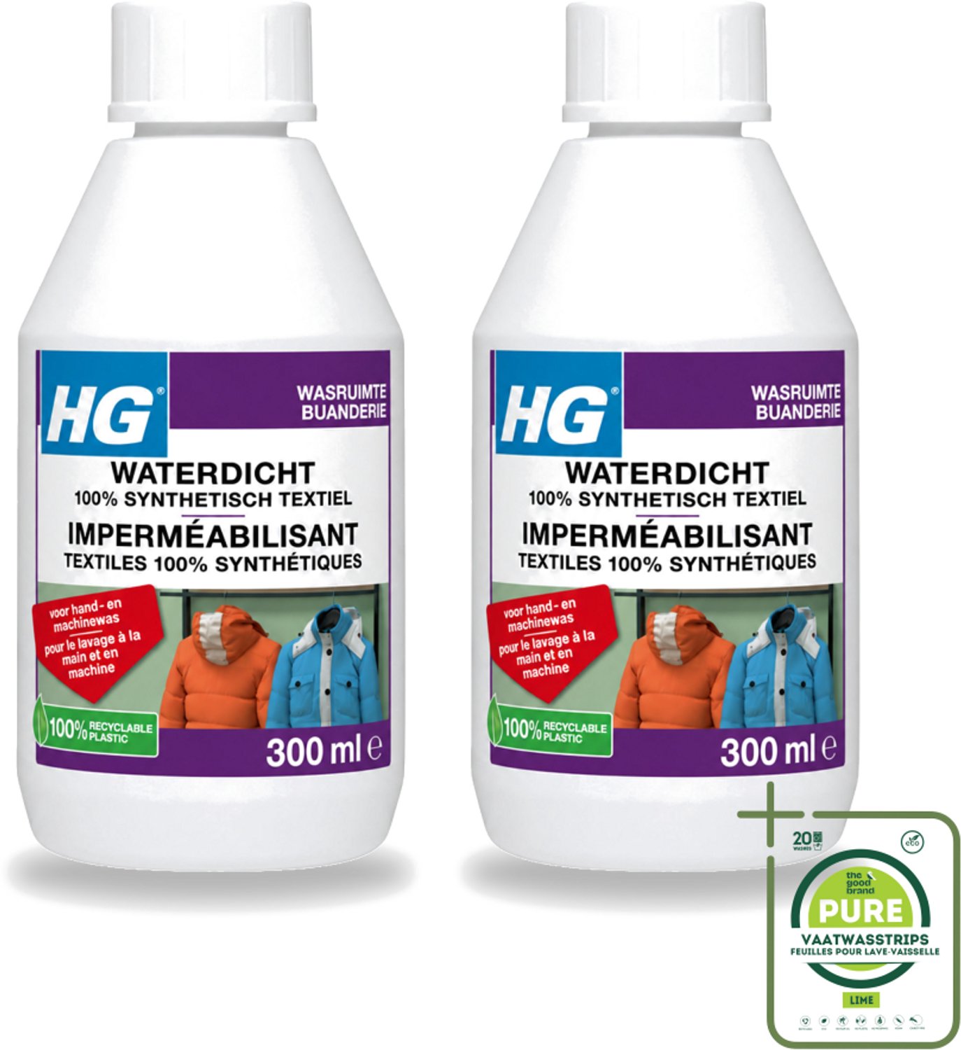 2 x HG - Wasruimte - Waterdicht 100% Synthetisch Textiel - Voor Hand & Machine Was - 300 ml - Grootverpakking - Waterdicht Textiel - Vuilafstotend Textiel - Synthetisch Textiel Behandelen - Regenkleding Waterdicht Maken - Ski Kleding Waterdicht