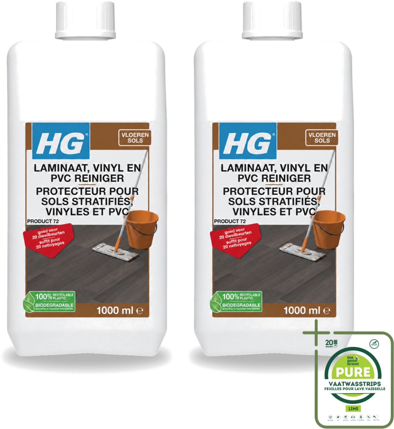 2 x HG - Laminaat, Vinyl & PVC Reiniger - Frisse Geur - Reinigt Streeploos - 20 Dweilbeurten - 1L - Grootverpakking - Vaatwasstrips - Laminaatreiniger - Vloerreiniger - Dweilbeurt - Laminaatvloer - Reinigen