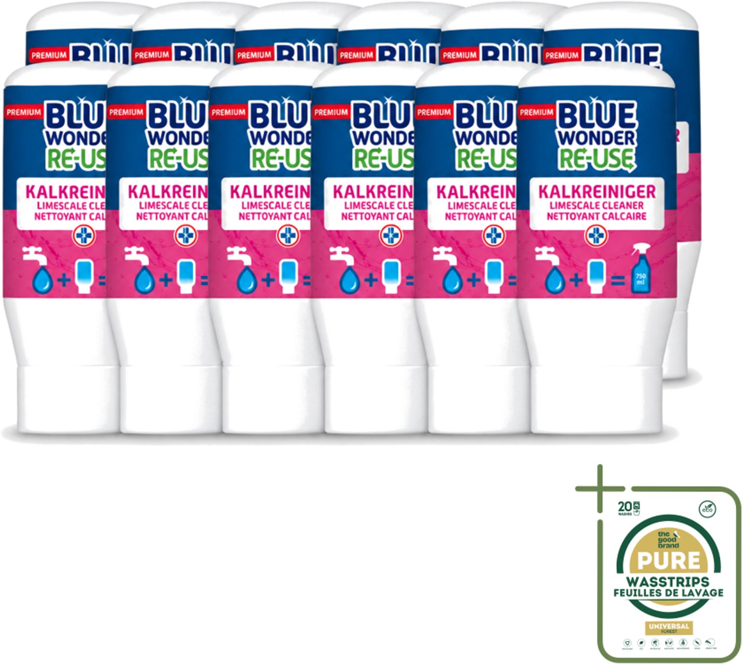 12 x Blue Wonder - Premium Re-use Kalkreiniger - 50 ml - Kalkreiniger - Badkamer Reinigen - Kalk Verwijderen - Vet Verwijderen - Vuil Verwijderen