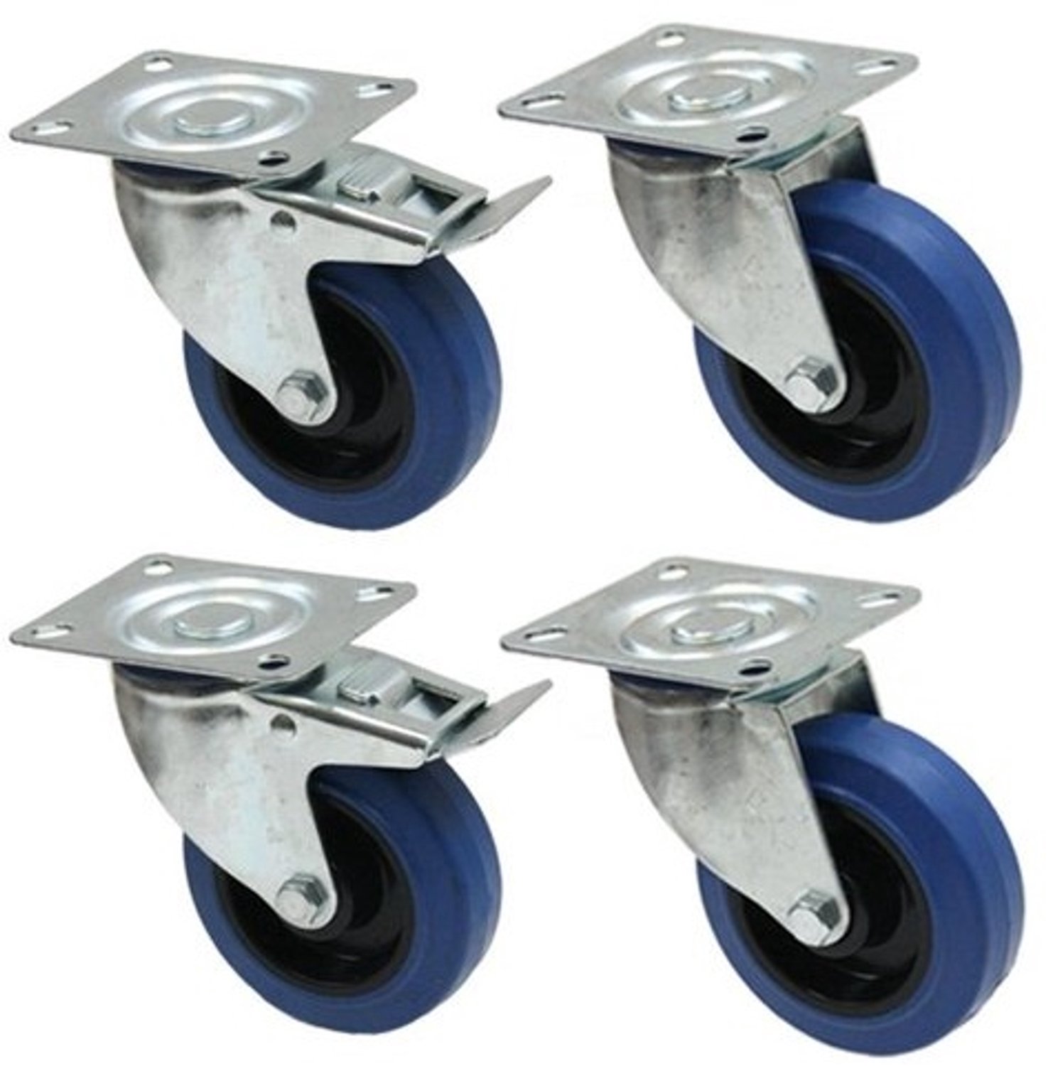 Vier Zwenkwielen - Flightcase Wielen - Zware Belasting - Met Remmen - 100mm Diameter - Blauw