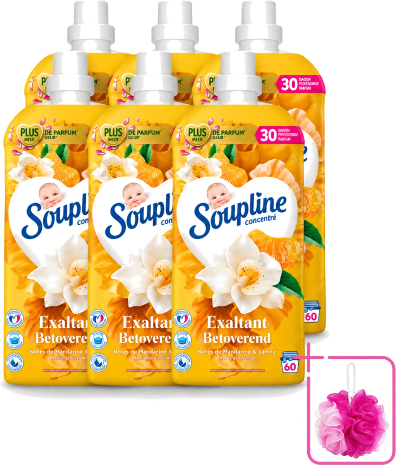 6 x Soupline – Wasverzachter – Betoverend Mandarijn & Vanille – 1,28 L - Bulkverpakking - Wasverzachter - Douchemop - Wasverzachter mandarijn en vanille