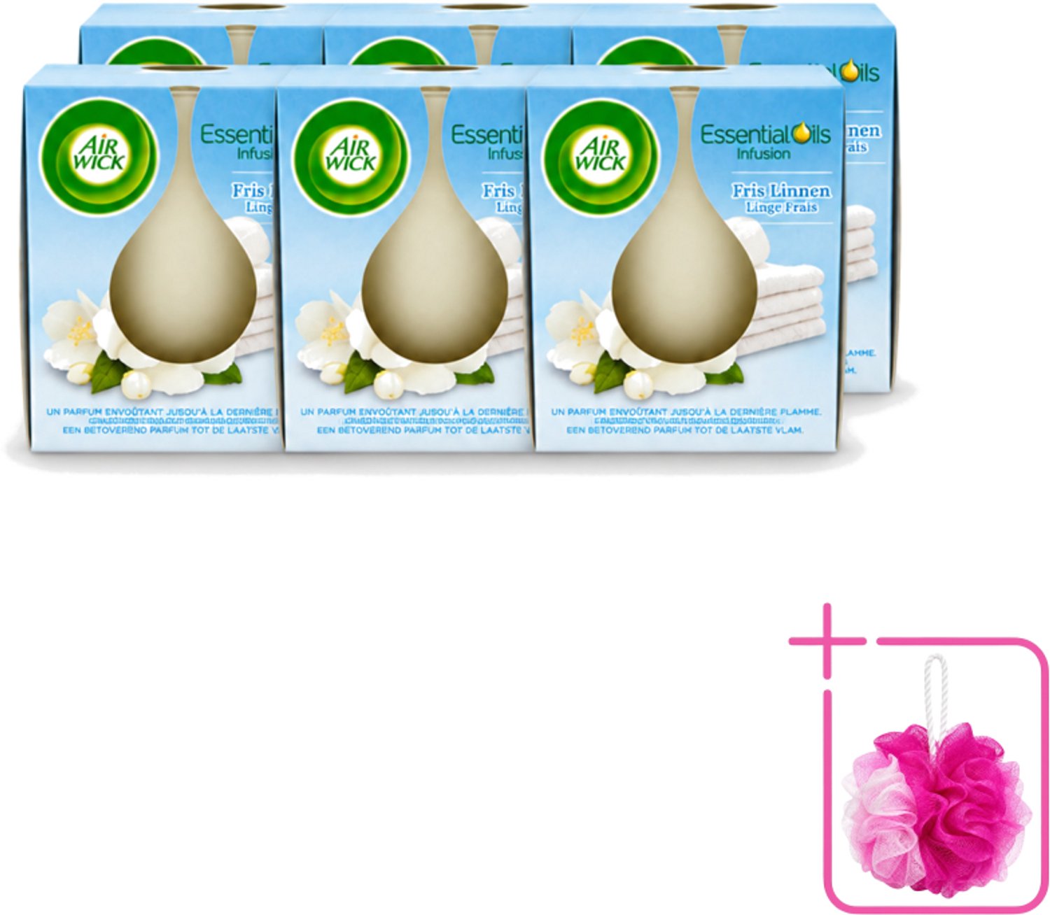 Air Wick 6 x Air Wick – Geurkaars – Fris Linnen met Essentiële Oliën – 105 g - Bulkverpakking - Geurkaars - Douchemop - Fris linnen Wit
