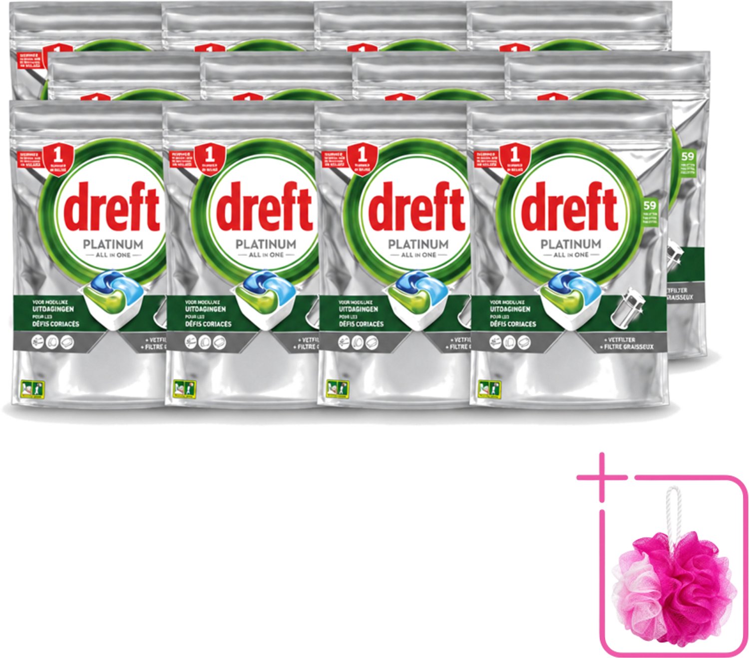 12 x Dreft – Vaatwastabletten – Platinum All-in-One Original – 59 Tabletten - Bulkverpakking - Vaatwastabletten - Douchemop - Vaatwasser
