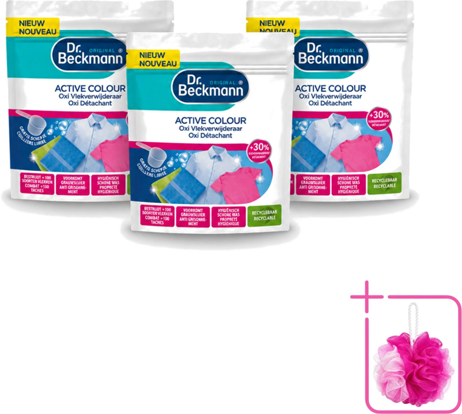 3 x Dr. Beckmann – Active Colour Oxi – Vlekverwijderaar – 400 g - Bulkverpakking - Vlekverwijdering - Douchemop - Kleurbehoud
