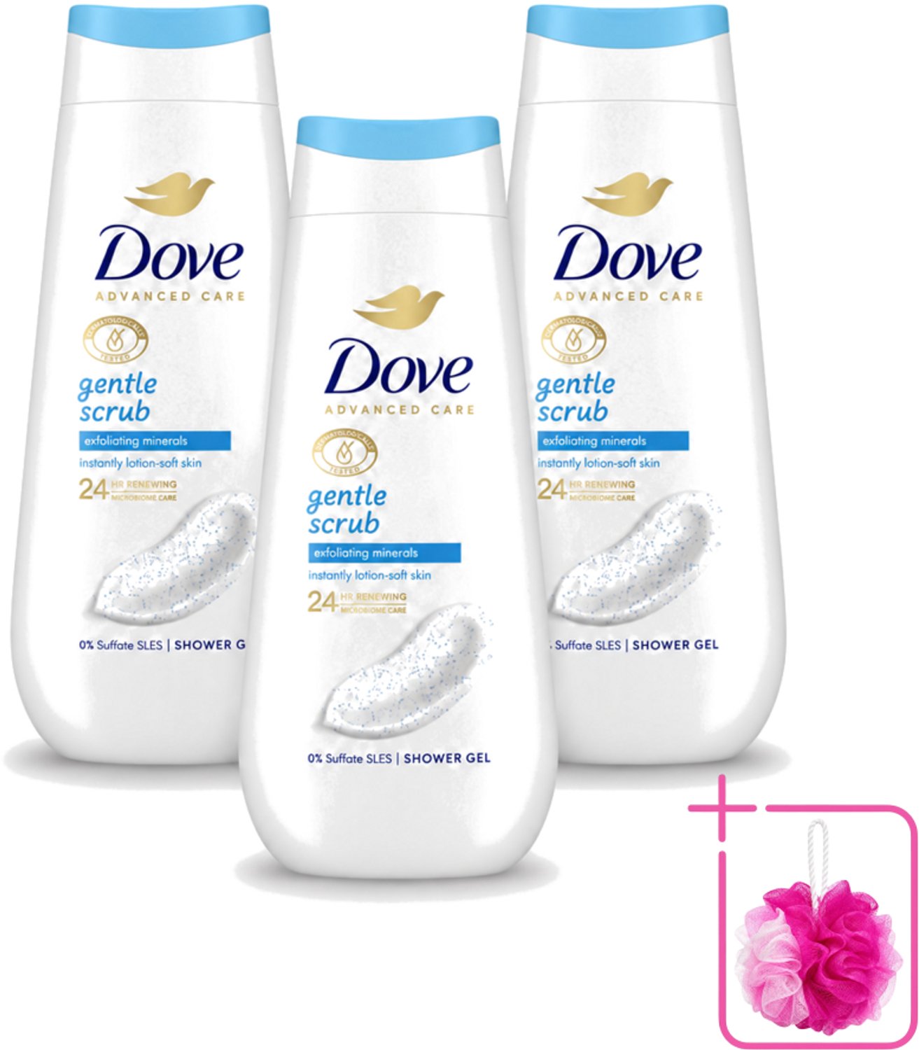3 x Dove – Douchegel – Advanced Care Gentle Scrub – 225 ml - Bulkverpakking - Douchegel - Douchemop - Exfoliatie
