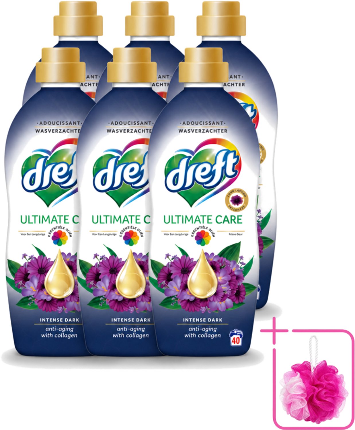 6 x Dreft – Wasverzachter – Ultimate Care Intense Dark – 40 Wasbeurten - Bulkverpakking - Wasverzachter - Douchemop - Kleurbescherming