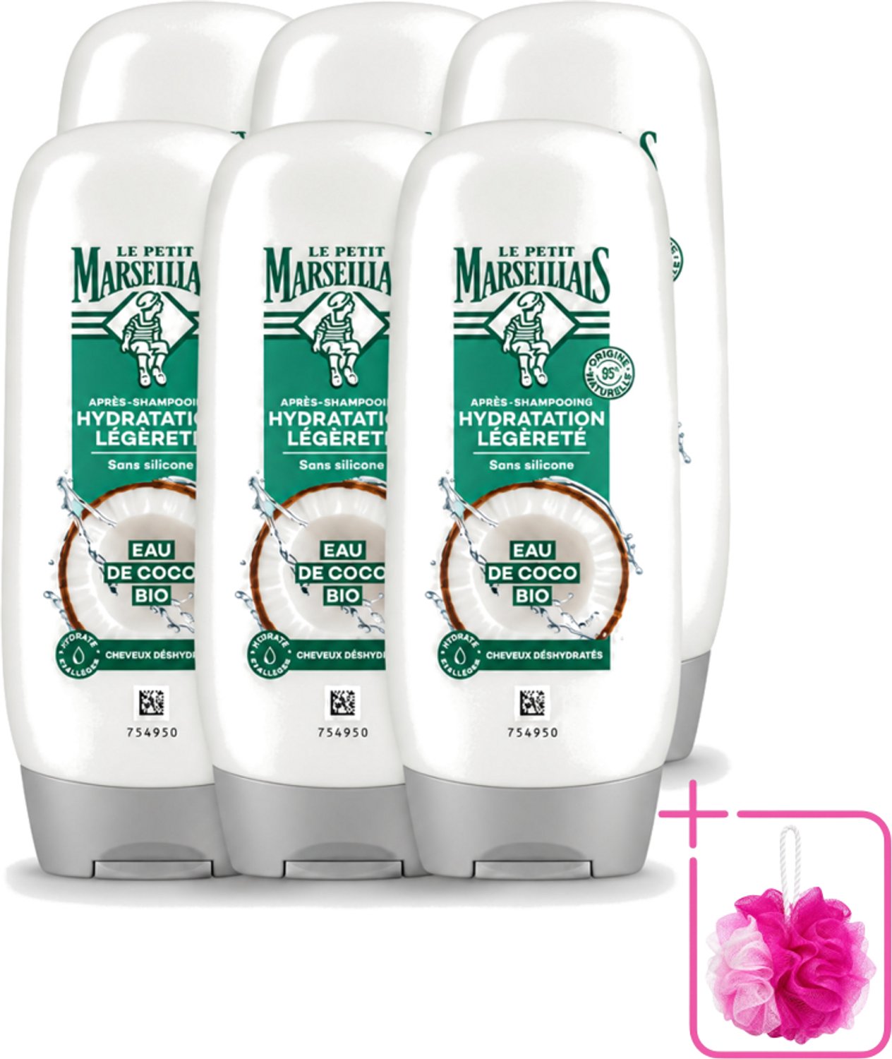 6 x Le Petit Marseillais – Conditioner – Eau de Coco Bio – 250 ml - Bulkverpakking - Conditioner kokoswater - Douchemop - Hydraatatie haar