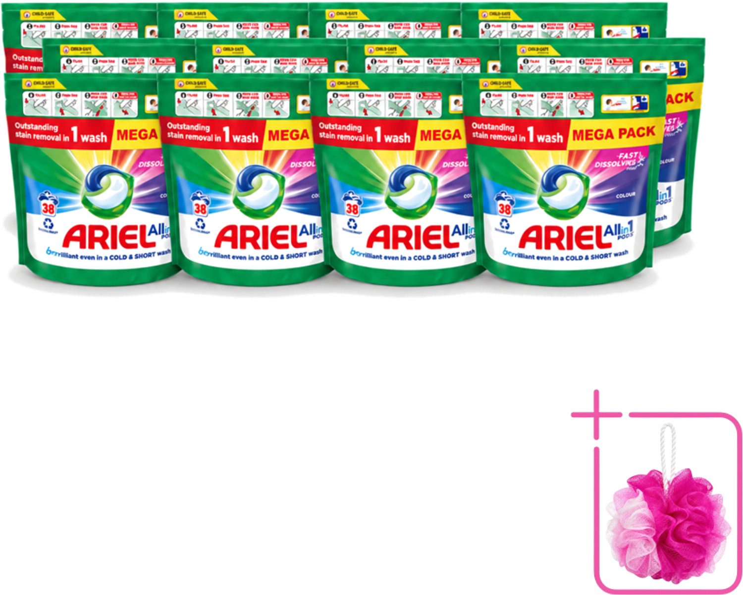 12 x Ariel – Pods All-in-1 – Color – 38 wasbeurten - Bulkverpakking - Kleurbehoud wasmiddel - Douchemop - Gekleurde was