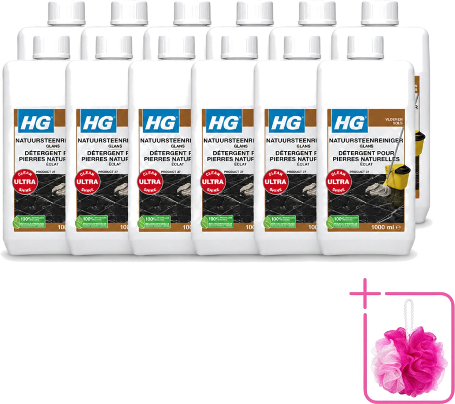 12 x HG - Natuursteenreiniger Glans - Ultra Glans - 20 Dweilbeurten - 1L - Bulkverpakking - Natuursteen reinigen - Douchemop - Marmer reinigen