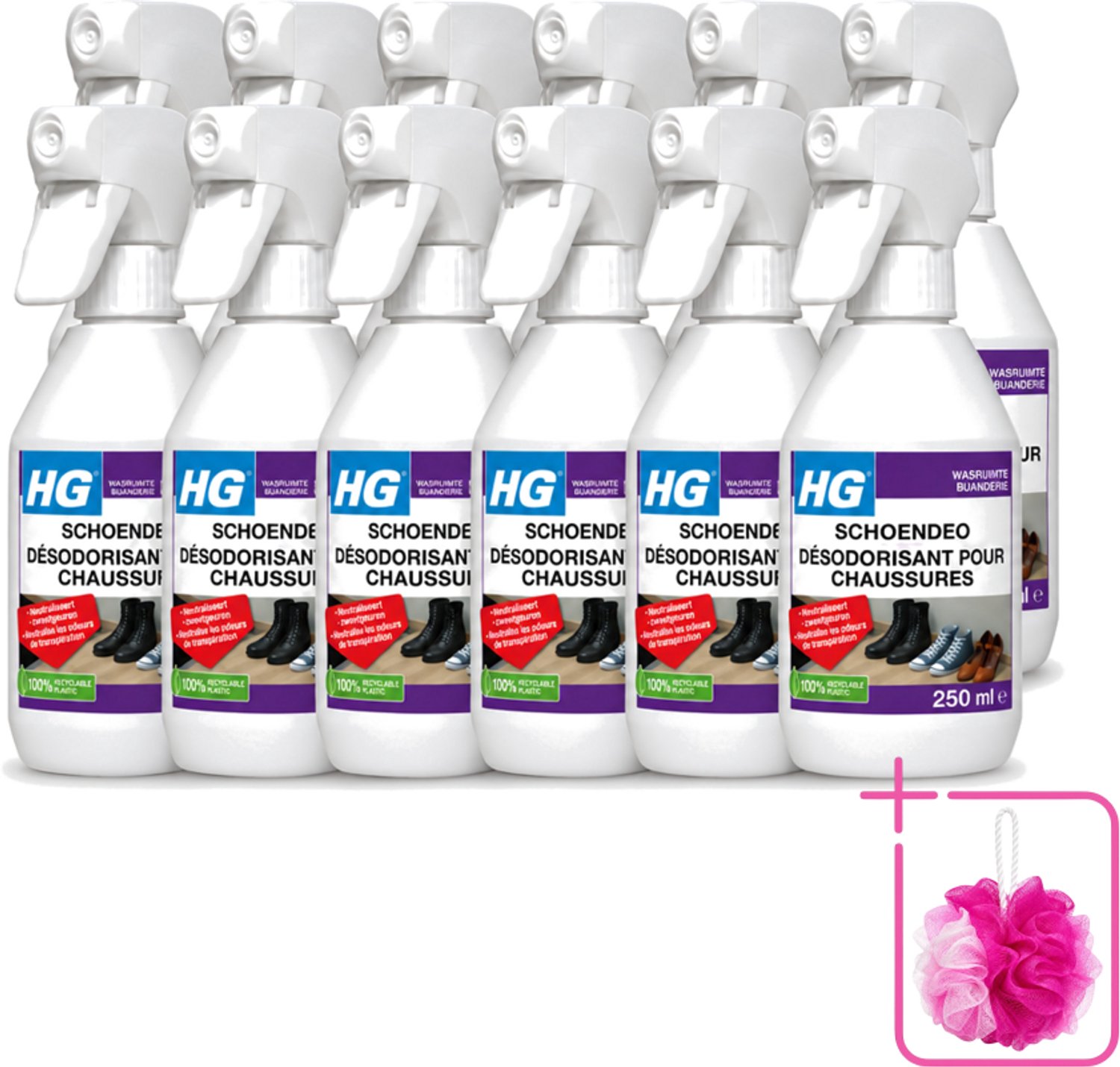 12 x HG - Schoendeo - Neutraliseert Zweetgeuren - Gemakkelijk in Gebruik - 250 ml - Bulkverpakking - Schoenen geur - Douchemop - Transpiratiegeur