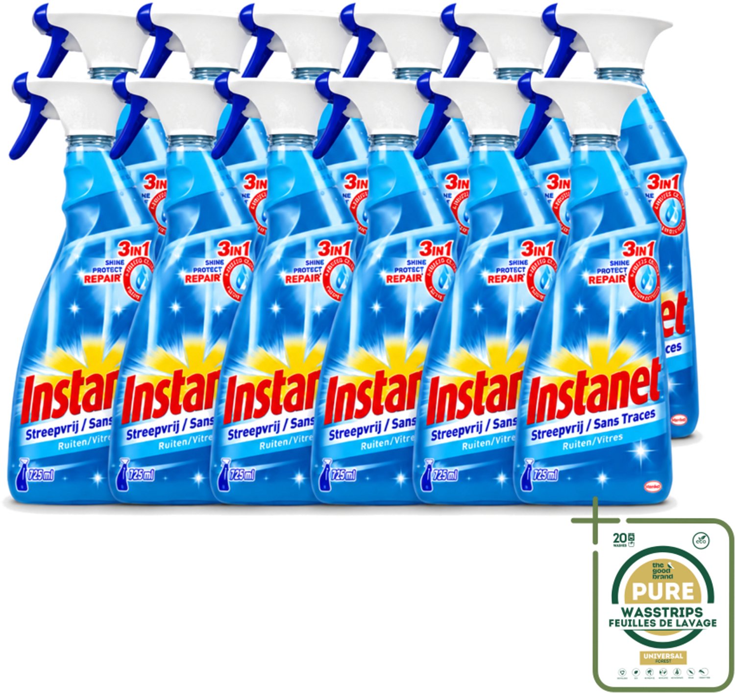 12 x Instanet - Ruitenreiniger - Streepvrij - 3in1 Spray - 725 ml - Wasstrips - Ruitenreiniger - Streepvrije Ruiten - Ruiten Reinigen - Ruiten Reinigingsalcohol - 3-in-1 Ruitenreiniger