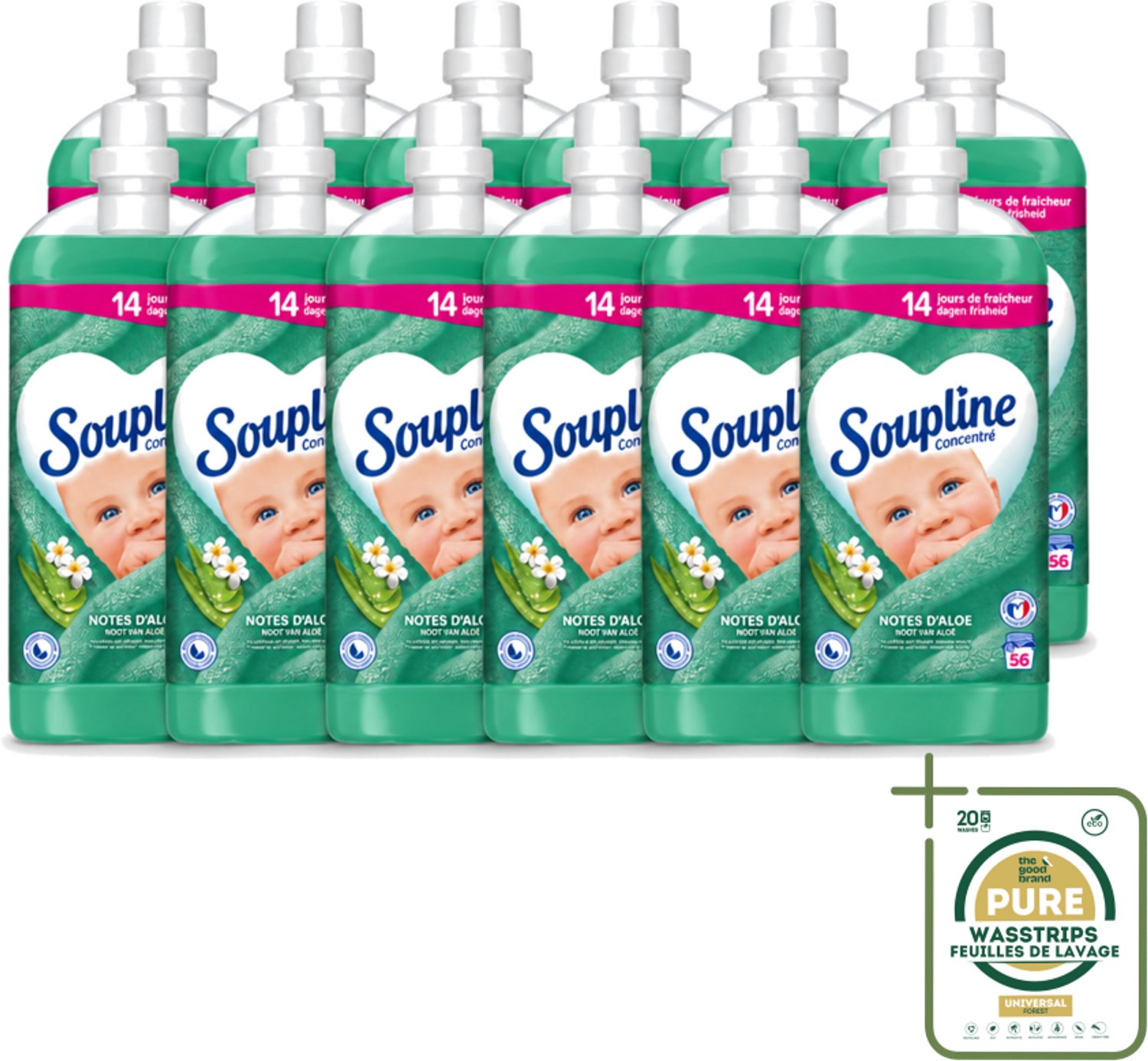12 x Soupline - Wasverzachter - Aloë Vera - 56 Wasbeurten - 1.3L - Wasstrips - Wasverzachter Aloë Vera - Frisse Geur - Zachte Kleding - 14 Dagen Frisheid - Natuurlijke Geur