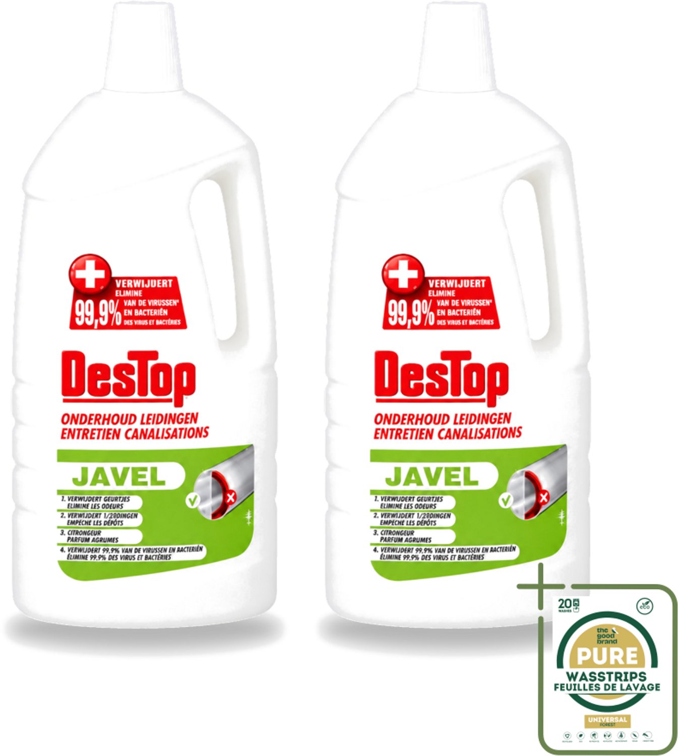 2 x DesTop - Onderhoud Leidingen - Javel - 4-in-1 Werking - Citroengeur - 1,5L - Wasstrips - Leidingen Reinigen - Leidingen Onderhouden - Leidingen Schoon Houden - Leidingen Reinigingsmiddel - Citroengeur