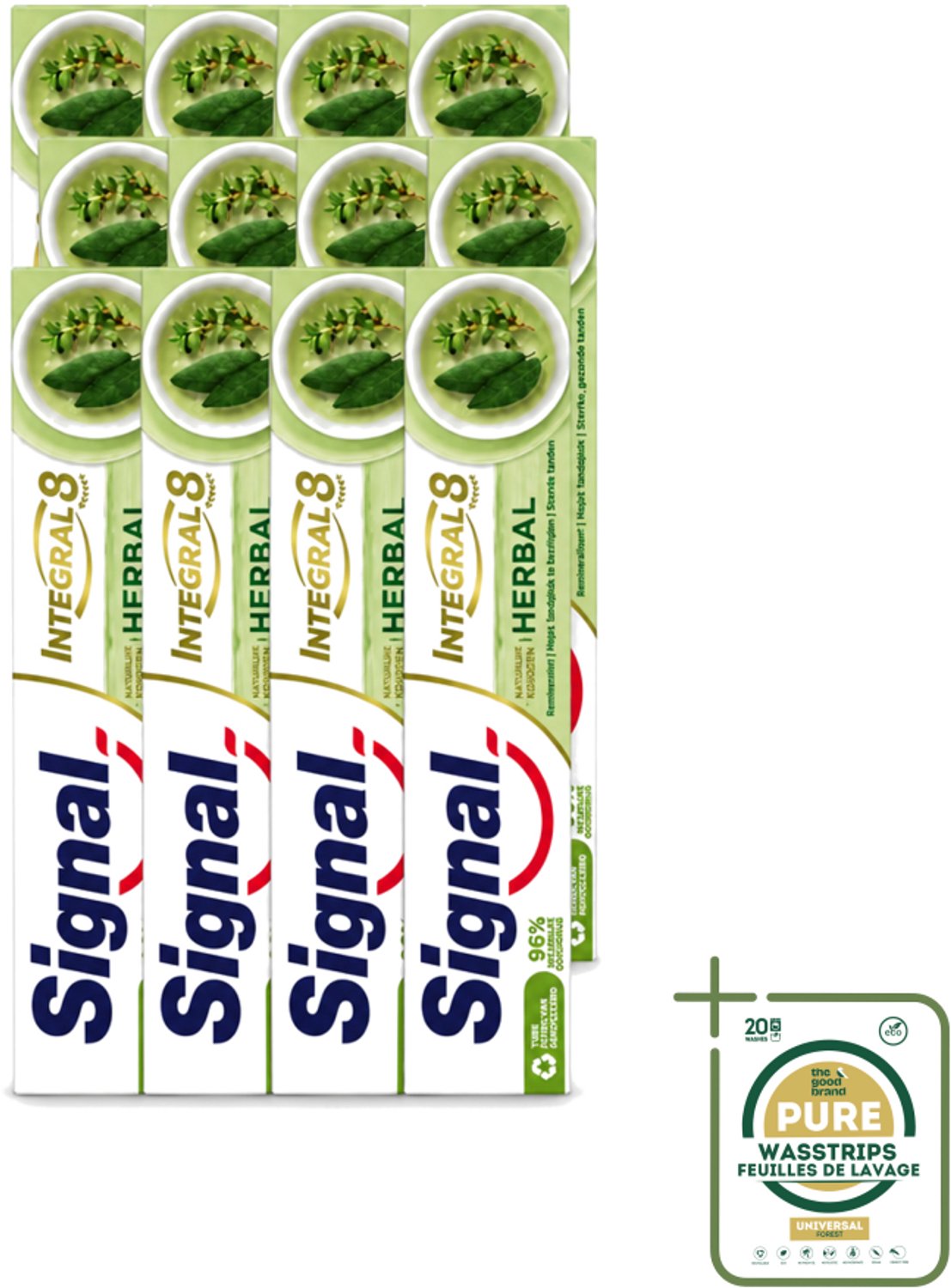 12 x Signal - Integral & Actions - Tandpasta - Natuurlijke Kruiden - Gerecyclede Verpakking - 75 ml - Wasstrips - Tandpasta - Natuurlijke Kruiden - Fluoride - Tandbederf - Tandplak