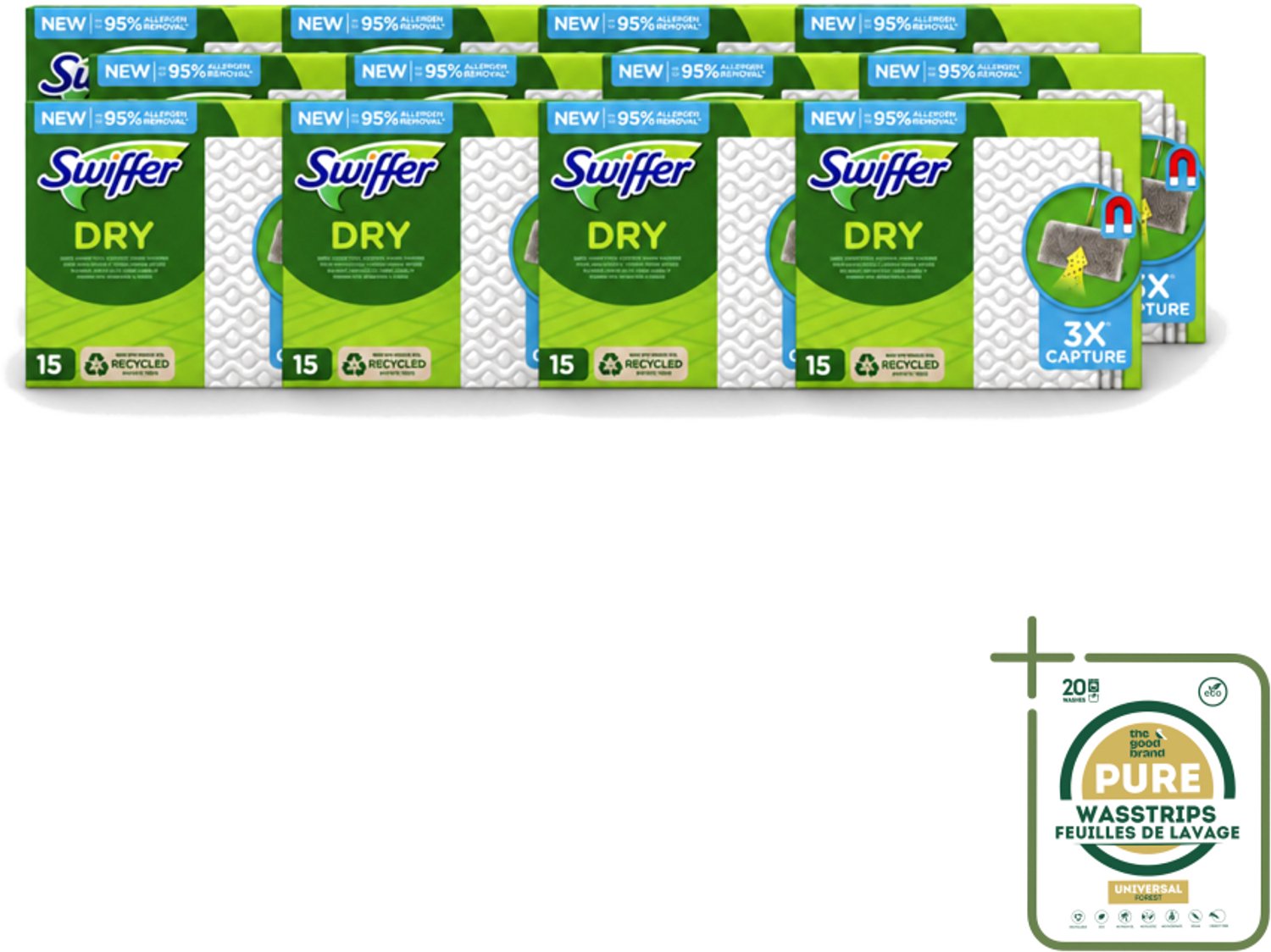 12 x Swiffer Dry - Vloerdoekjes - Navulling - Gerecyclede Fibers - 15 Doekjes - Wasstrips - Stofwisdoekjes - Stof Opnemen - Stof Verwijderen - Schoonmaken - Vloer Reinigen