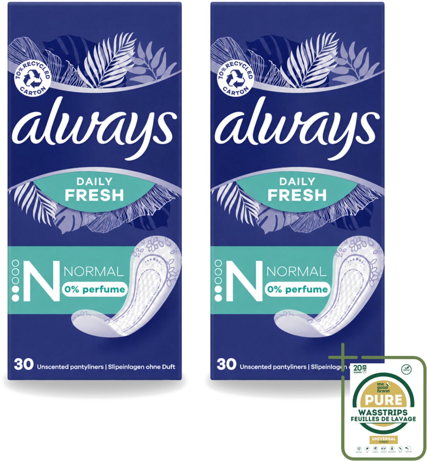 2 x Always Daily Fresh - Inlegkruisjes - Normaal - Ongeparfumeerd - 30 Inlegkruisjes - Inlegkruisjes - Geurneutralisatie - Actipearls - Dermatologisch Getest - Droog Gevoel