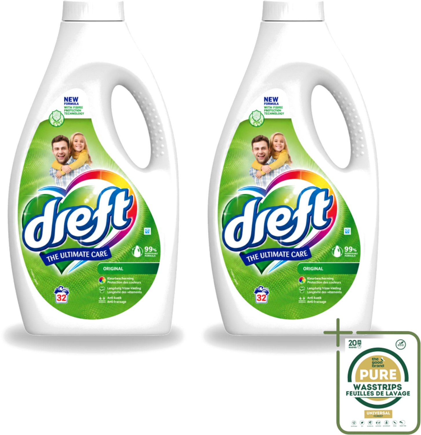 2 x Dreft - Ultimate Care - Vloeibaar Wasmiddel - Gekleurde Was - Original - 32 Wasbeurten - Wasstrips - Kleurbeveiliging - Vloeibaar Wasmiddel - Gekleurde Was - Frisse Geur - Wasmiddel Origineel