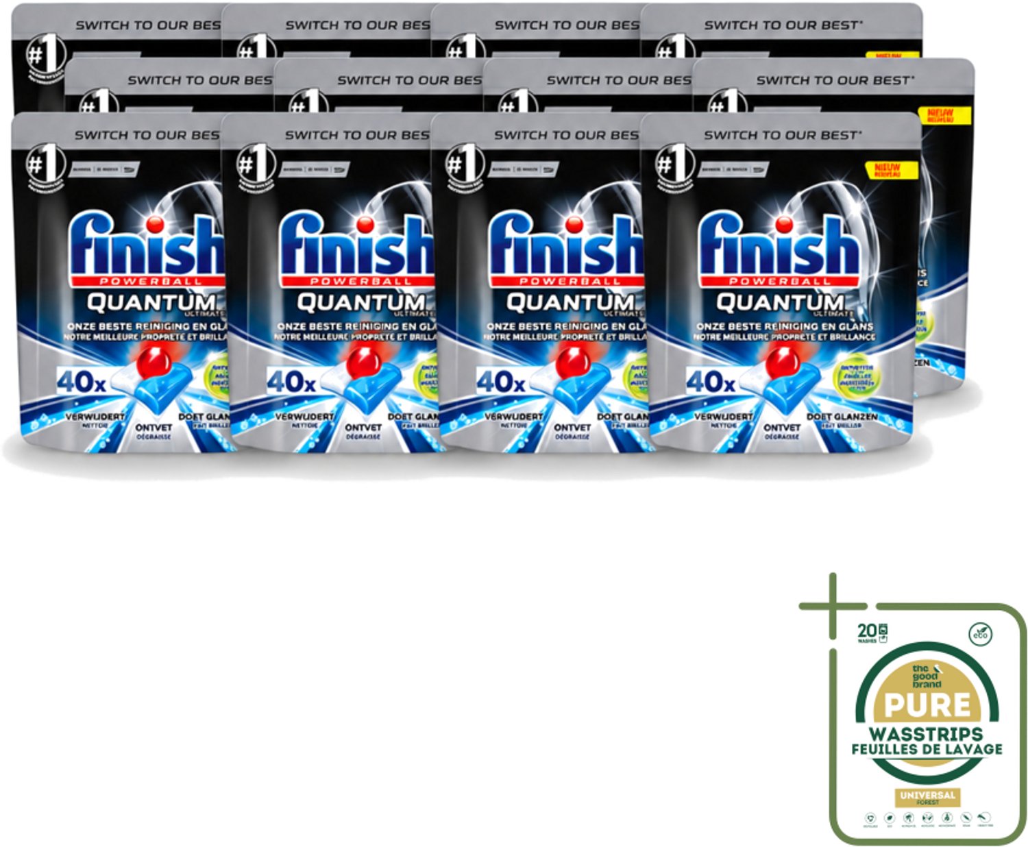 12 x Finish Powerball - Quantum Ultimate - Vaatwastabletten - Ontvetter - 40 Tabletten - Wasstrips - Vaatwasmiddel - Vaatwastablet - Ontvetter - Vaatwasser - Vetverwijdering