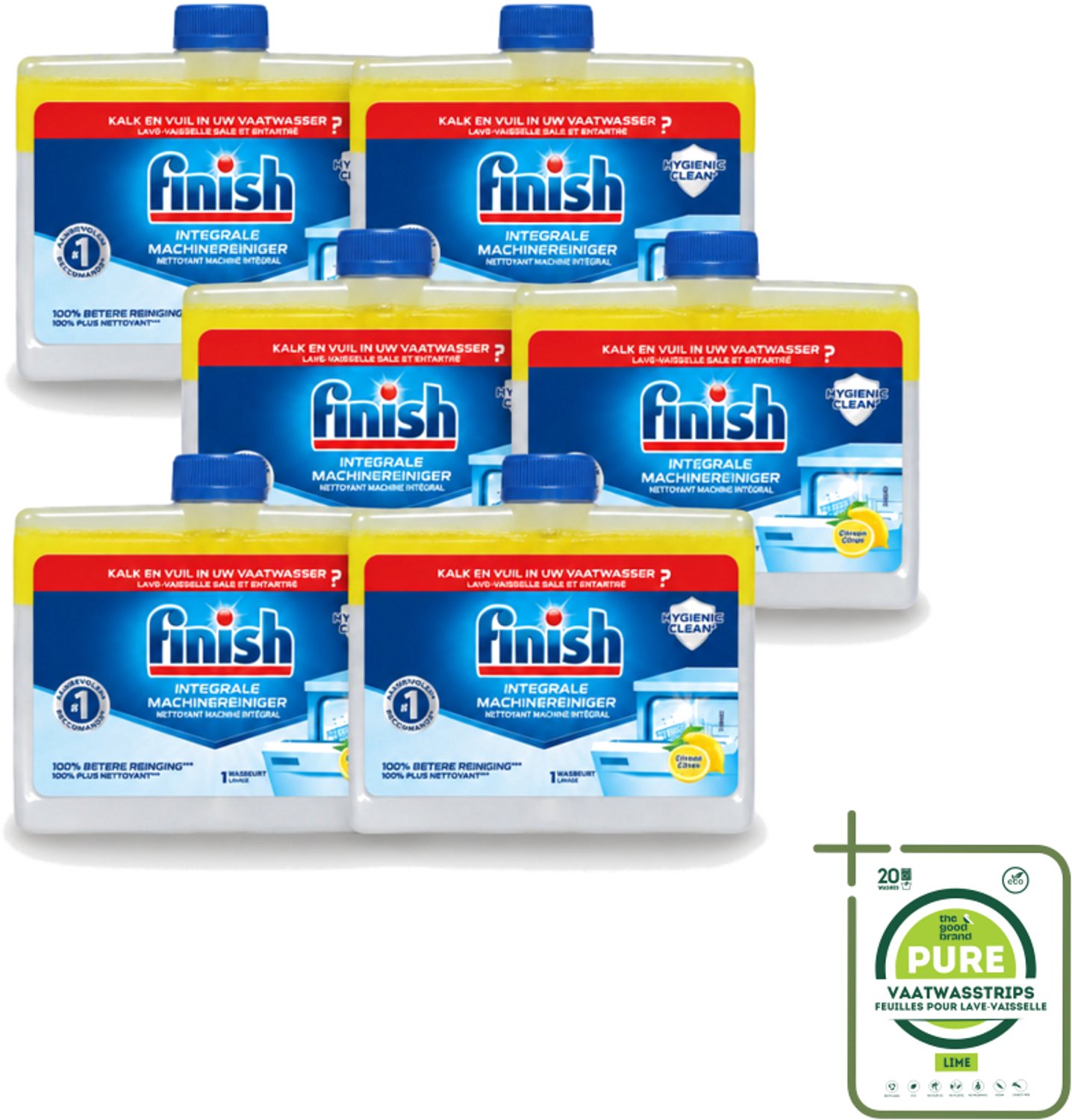 6 x Finish - Integrale Machinereiniger - Hygienic Clean - Anti-Kalk & Anti-Vuil - Citroen - 250ml - Grootverpakking - Vaatwasstrips - Vaatwasmachinereiniger - Vaatwasmachine Reinigen - Kalkverwijderen - Vetverwijderen - Vaatwasser Reinigen