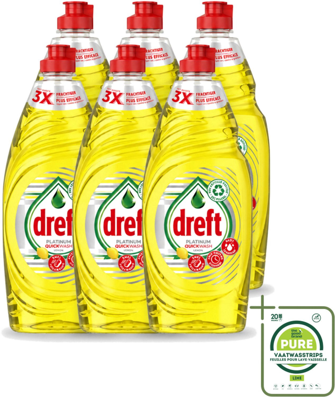 6 x Dreft Platinum Quickwash - Vloeibaar Afwasmiddel - Citroen- 625 ml - Grootverpakking - Snel Reinigen - Vaat Reinigen - Citroengeur - Vetresten Verwijderen - Afwasmiddel