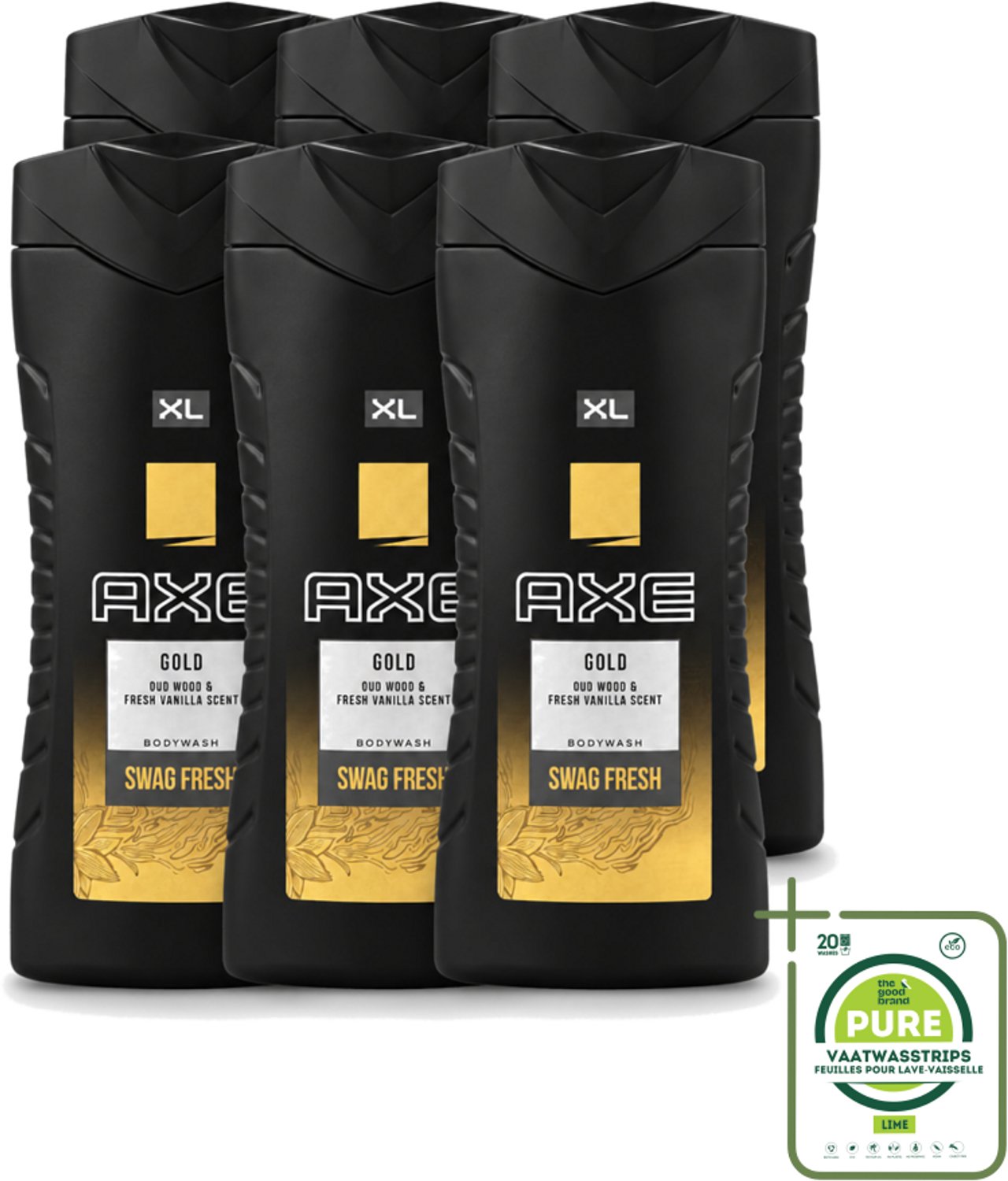 6 x Axe XL - Douchegel - Gold - Oud Wood & Fresh Vanilla - Swag Fresh - 400 ml - Grootverpakking - Vaatwasstrips - Douchegel - Geur - Frisheid - Oud Hout - Verse Vanille