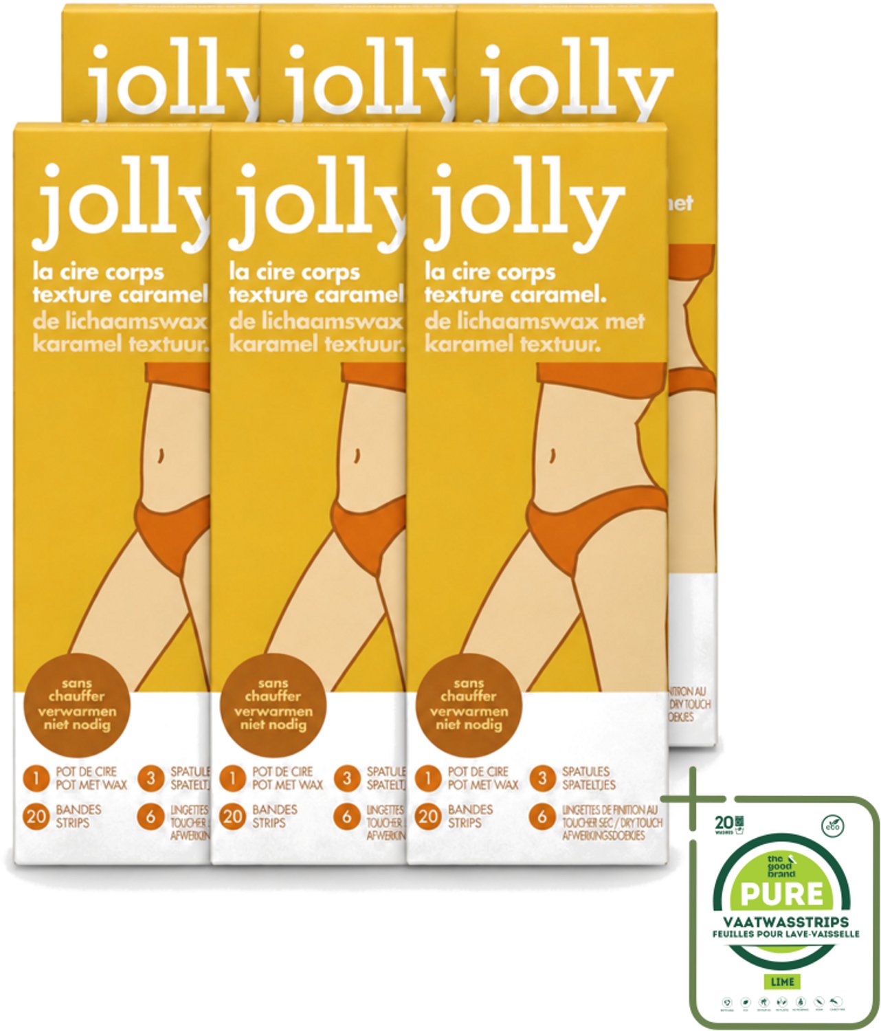 6 x Jolly - Lichaamswax - Karamel Structuur - 20 Strips - Grootverpakking - Vaatwasstrips - Haar Verwijderen - Lichaamswax - Karamelstructuur - Huid Verzorgen - Huid Glad Maken