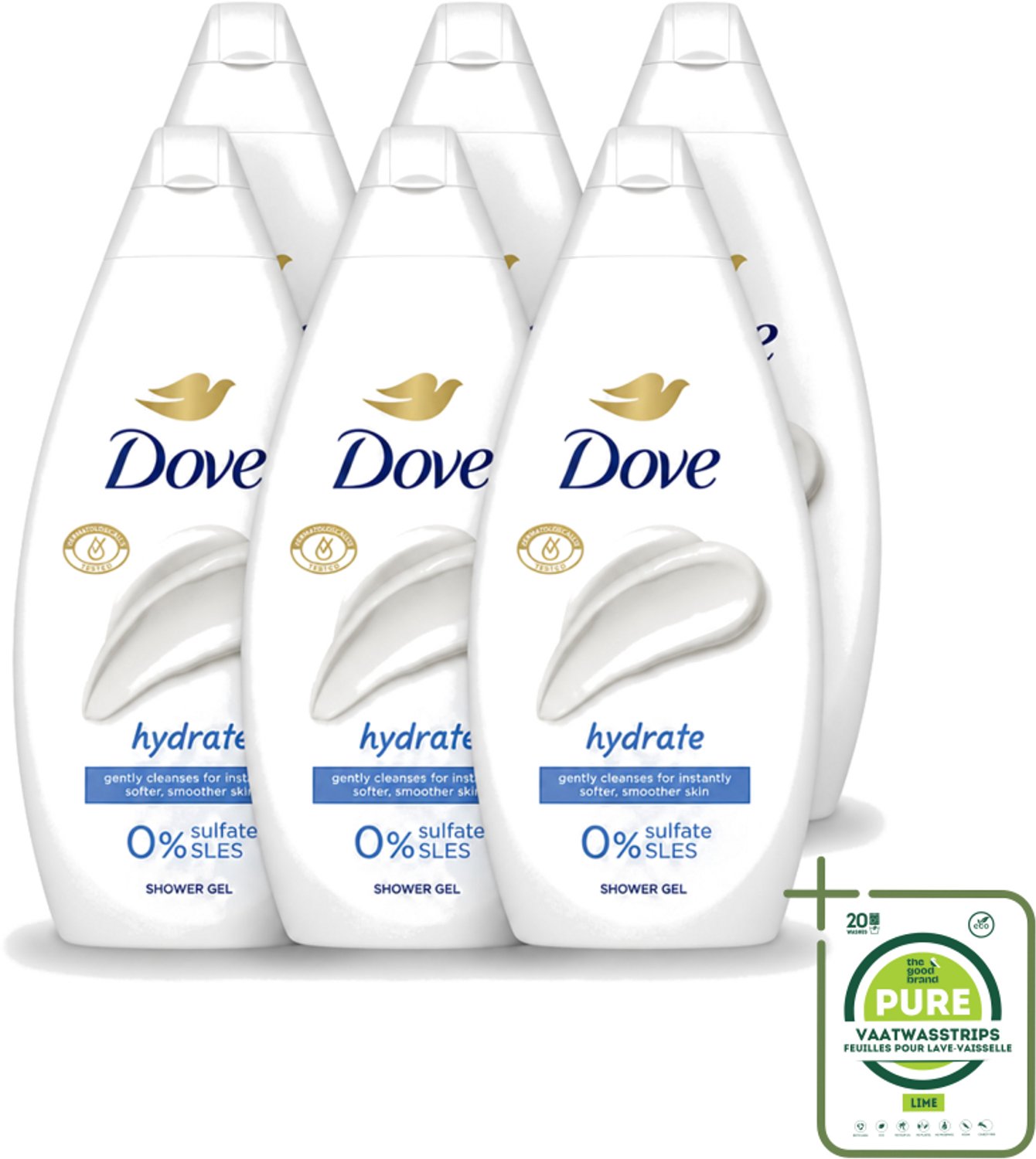 6 x Dove Hydrate - Douchegel - Sulfaatvrij - 250 ml - Grootverpakking - Vaatwasstrips - Hydraterende Douchegel - Sulfaatvrije Douchegel - Zachte Huid - Huidverzorging - Huidhydratatie