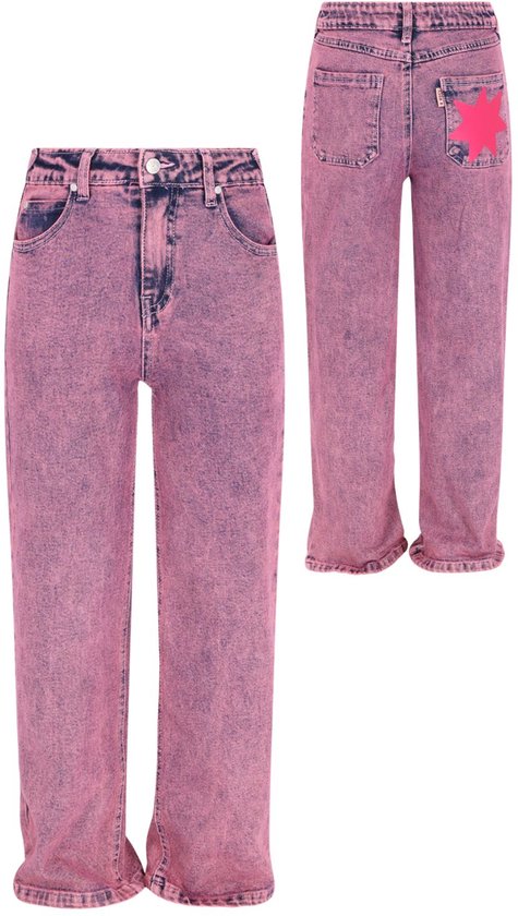 Roze spijkerbroek met wijde pijpen en een roze ster-applicatie op de rechter achterzak.