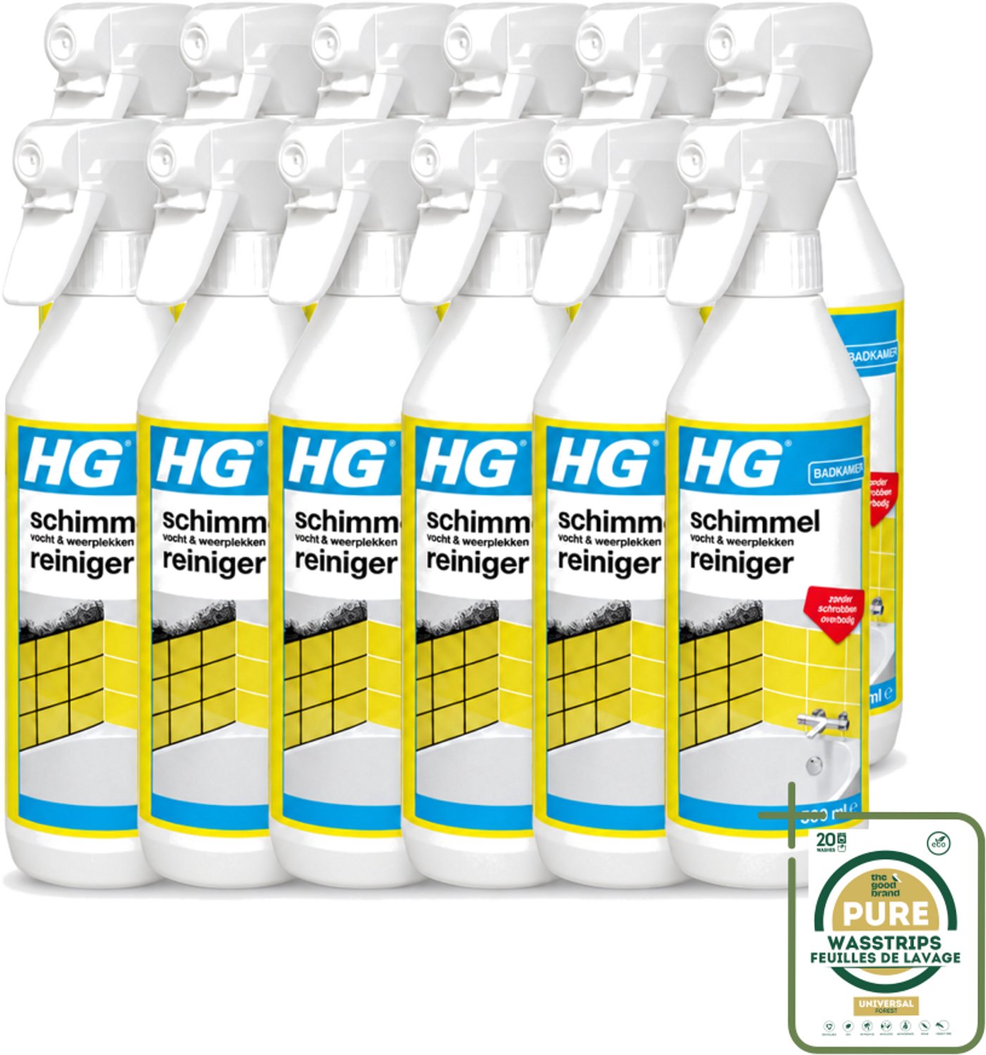 12 x HG - Badkamer - Schimmel, Vocht En Weerplekkenreiniger - Maakt Schrobben Overbodig - 500 ml - Wasstrips - Schimmelreiniger - Vochtverwijdering - Weerplekkenreiniger - Schimmelverwijdering - Badkamerreiniger