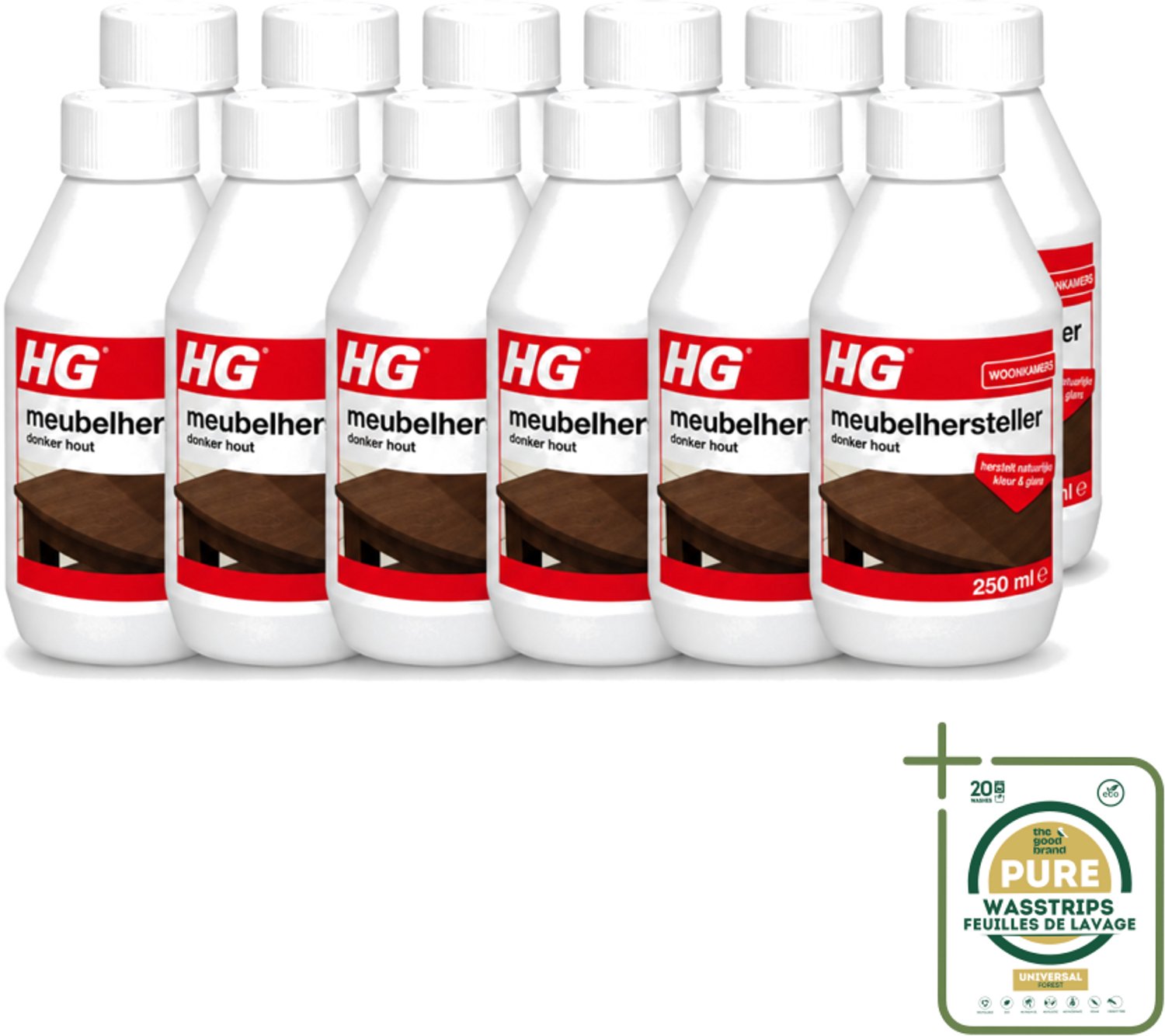 12 x HG - Meubelhersteller - Donker Hout - Herstelt Natuurlijke Kleur & Glans - 250 ml - Wasstrips - Meubelhersteller - Donker Hout - Herstel Krassen - Herstel Vlekken - Herstel Waterkringen