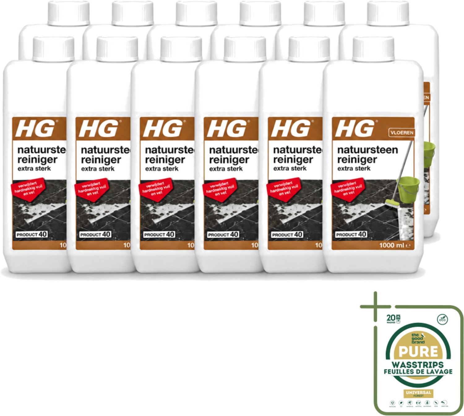 12 x HG - Natuursteenreiniger - Extra Sterk - Verwijdert Hardnekkig Vuil & Vet - 1L - Wasstrips - Natuursteen Reinigen - Vet Verwijderen - Natuursteen Reiniger - Marmer Reinigen - Travertin Reinigen