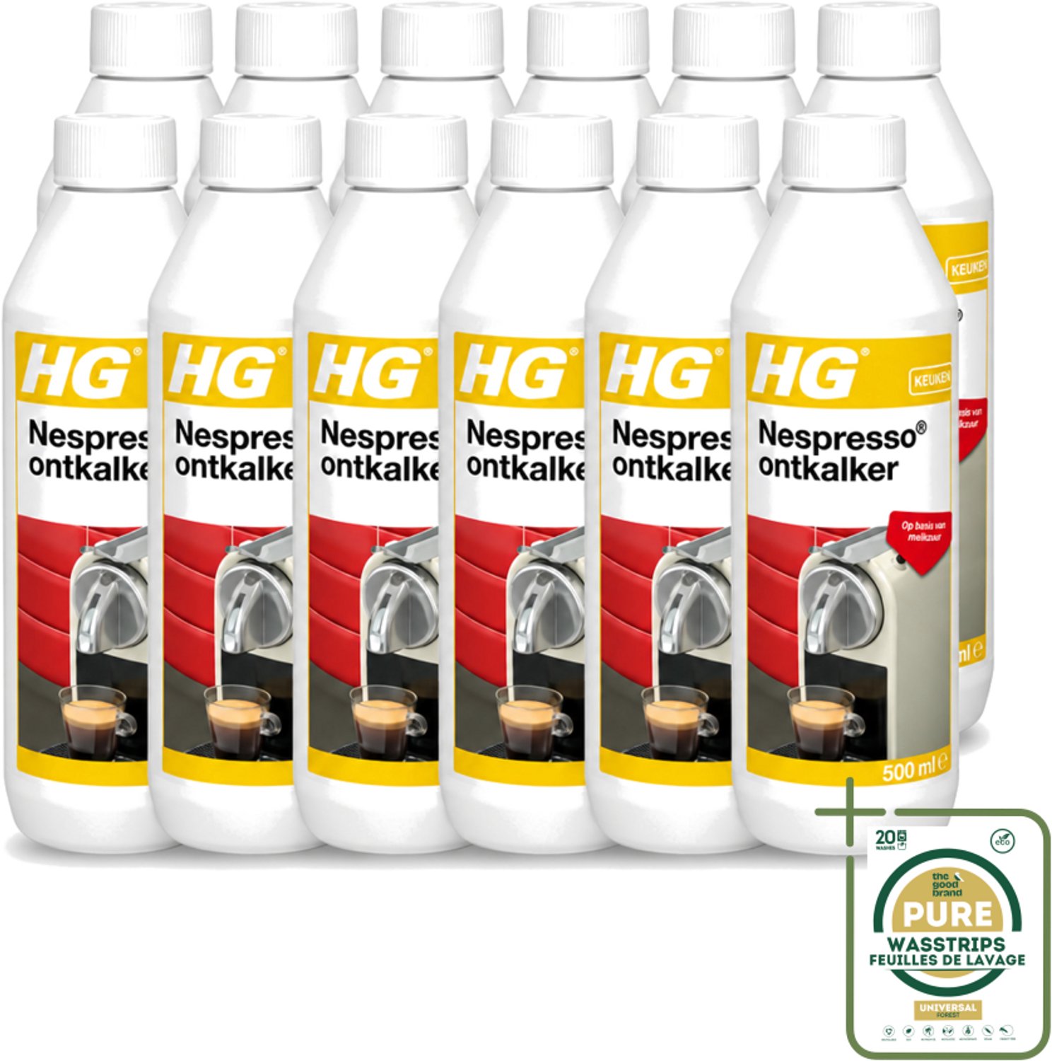 12 x HG - Nespresso Ontkalker - Op Basis Van Melkzuur - 4 tot 5 Reinigingsbeurten - 500 ml - Wasstrips - Ontkalken Nespresso Machine - Ontkalkmiddel - Melkzuur Ontkalker - Kalkvoorkomend - Biologisch Afbreekbaar