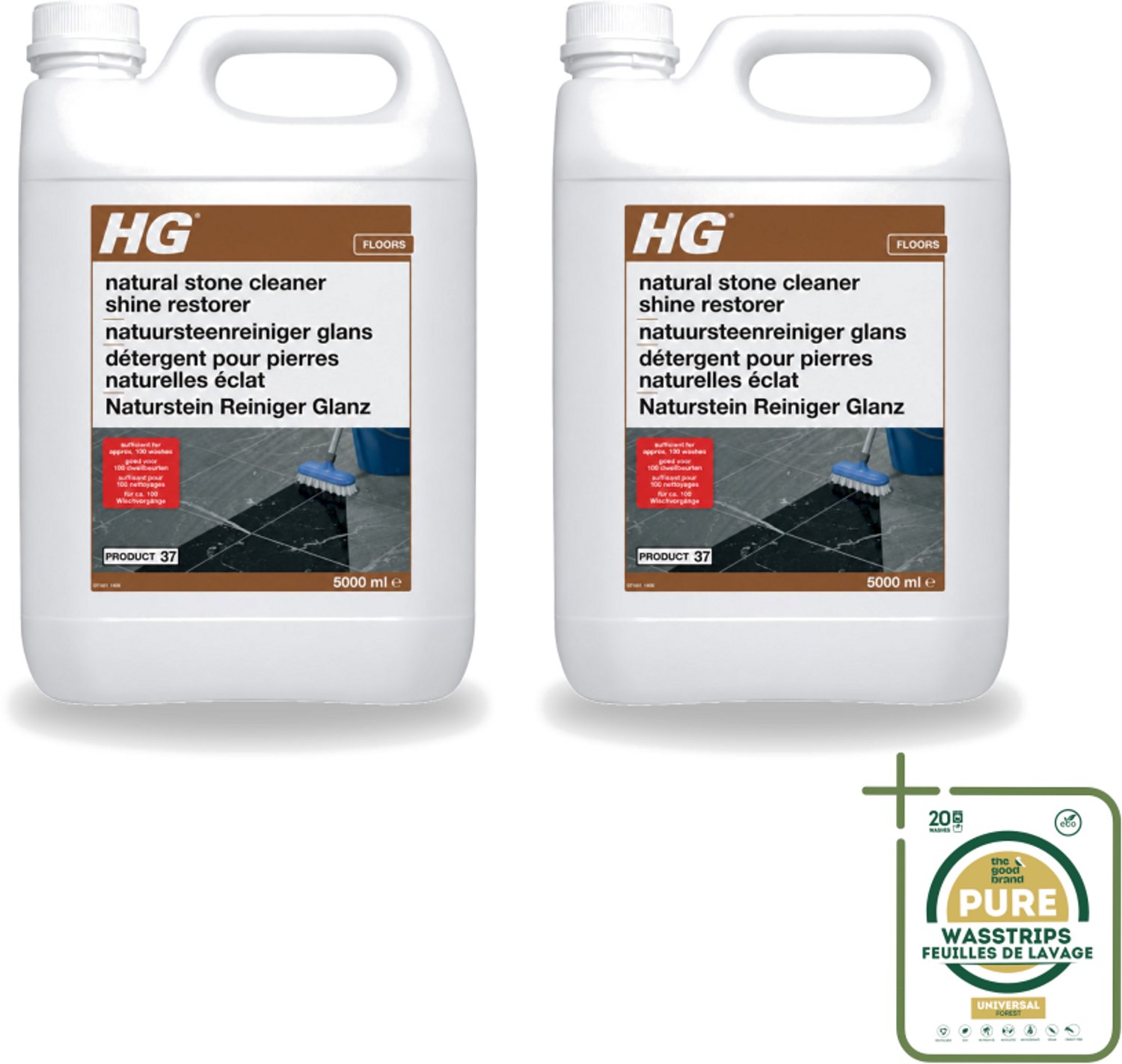 2 x HG - Natuursteenreiniger Glans - 40 Dweilbeurten - 5L - Wasstrips - Natuursteen Reinigen - Marmer Reinigen - Glans Herstellen - Natuursteen Schoonmaken - Natuursteen Onderhoud