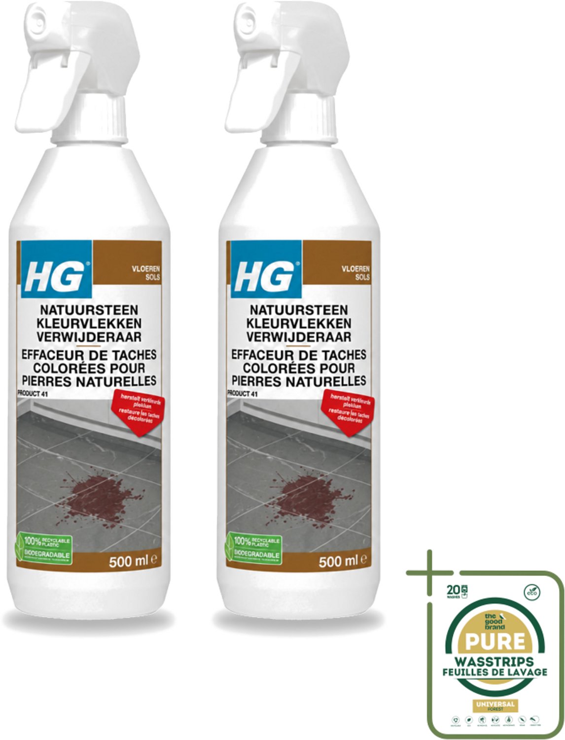 2 x HG - Natuursteen Kleurvlekken Verwijderaar - Hersteld Verkleurde Plekken - 500 ml - Wasstrips - Natuursteen Vlekkenverwijderaar - Vlekken Verwijderen - Marmer Vlekken - Natuursteen Reinigen - Kleur Herstellen
